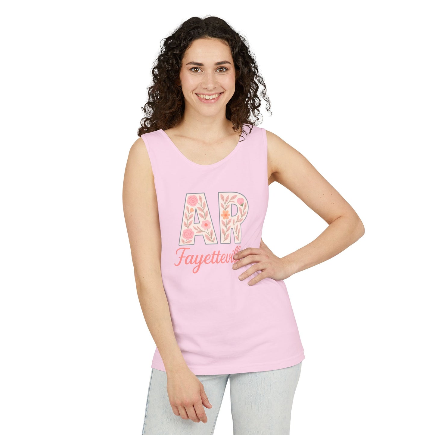 Fayetteville Floral Tank Top, Casual Summer Top, Gift for Her, Travel Apparel, Arkansas Style, Arkansas Student Gift, Graduation Gift, Comfort Colors
