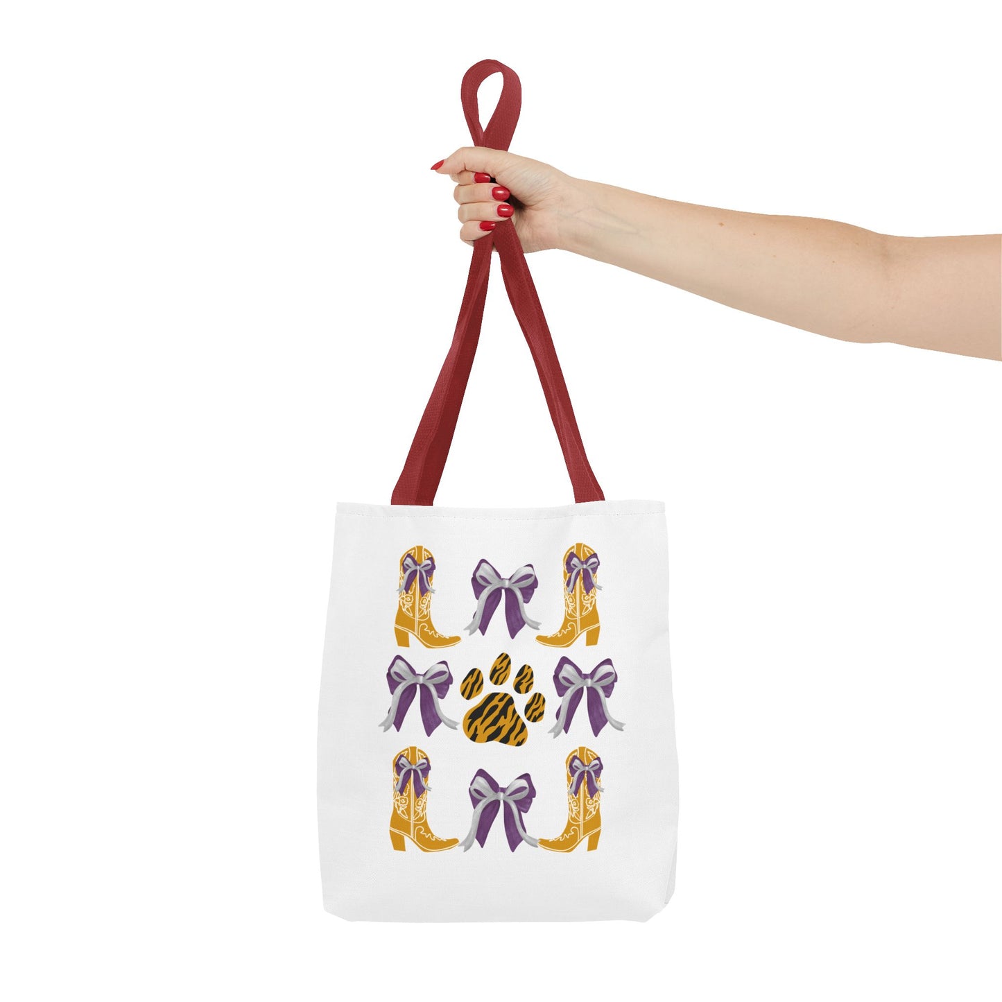 LSu coquette bow Print Tote Bag, Eco-Friendly Fashion Bag, lsu tiger fan, louisiana game day, geaux tigers, college student gift, graduation gift