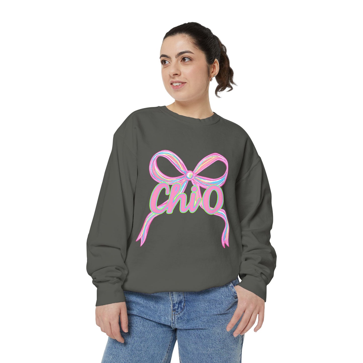 CHIO Chic Bow Graphic Unisex Garment-Dyed Sweatshirt, Cozy Pullover, Fashionable Gift, Casual Outfit, Spring Style, Trendy Apparel