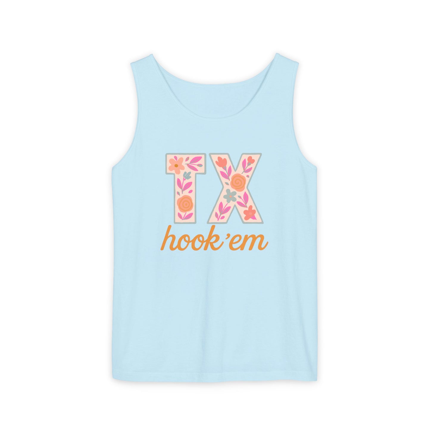 Texas Floral Hook 'Em Unisex Tank Top, Summer Vibe, Casual Wear, College Gear, Gift for Graduates, Texas Pride Apparel, Comfort Colors, Graduation Gift