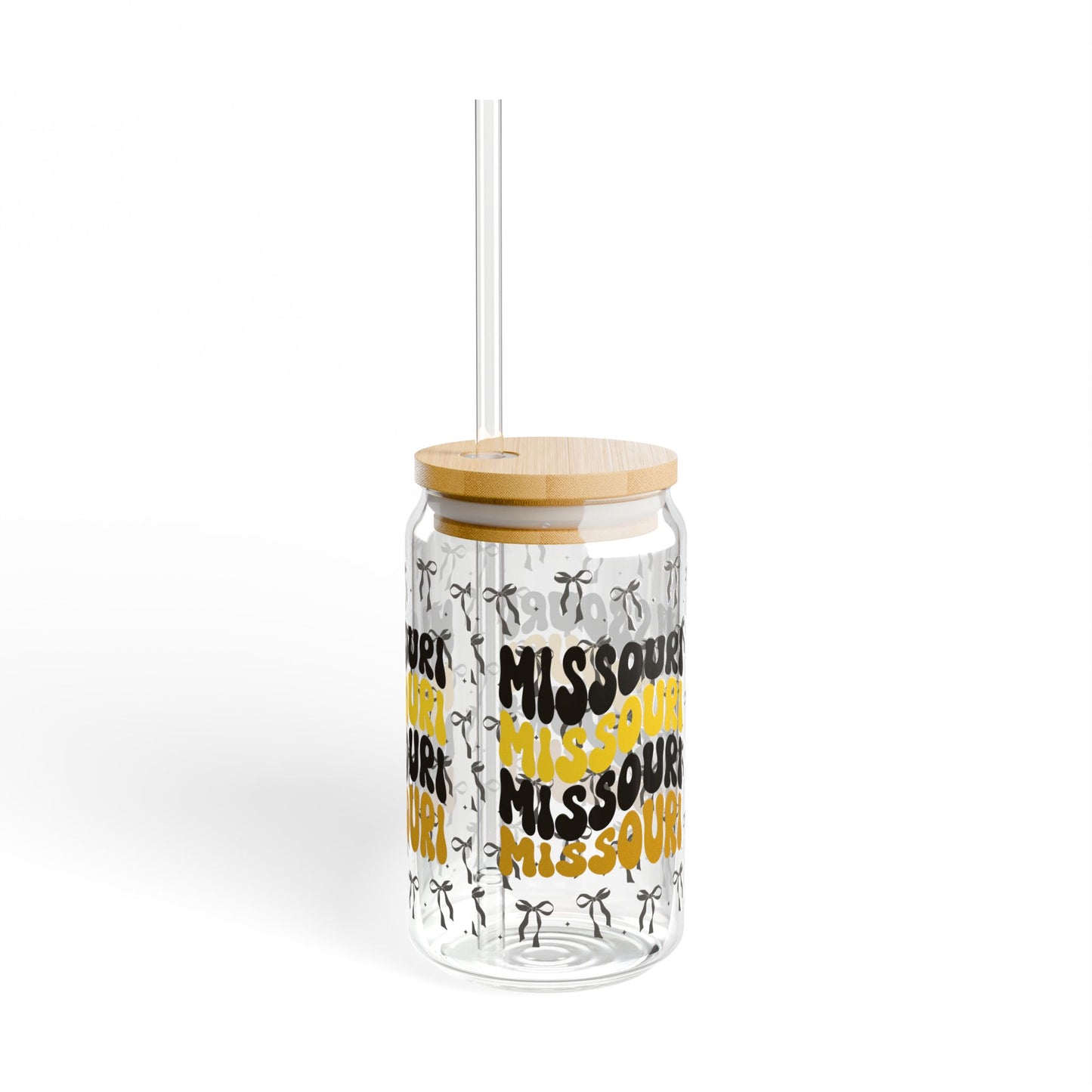Coquette Bow Sipper Glass, Missouri-themed Drinkware, Eco-friendly Glass with Bamboo Lid, Perfect for Gifts, missouri tigers, missouri game day, graduation gift