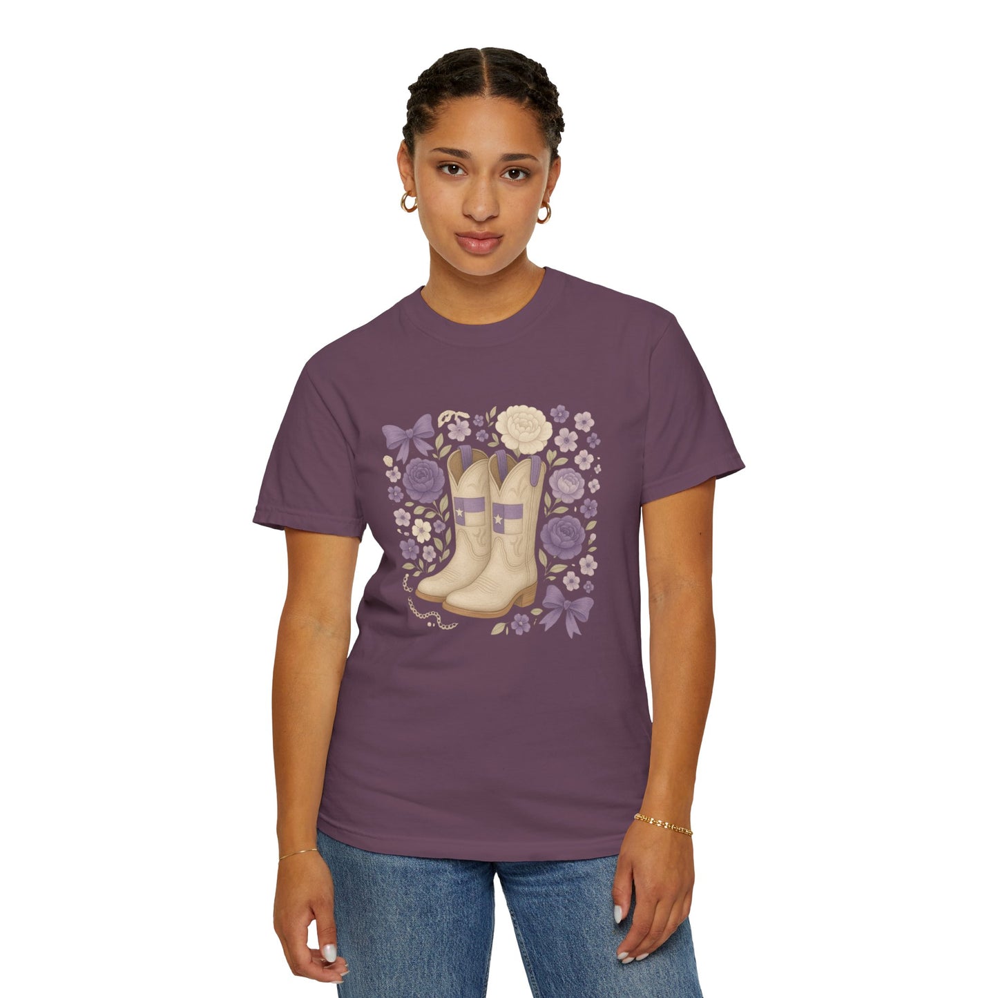 Whimsical Floral Boots Unisex T-Shirt | Casual Style, Gift for Her, Texas Christian University, TCU Frogs, Comfort Colors, Texas Fan gift, Graduation Gift
