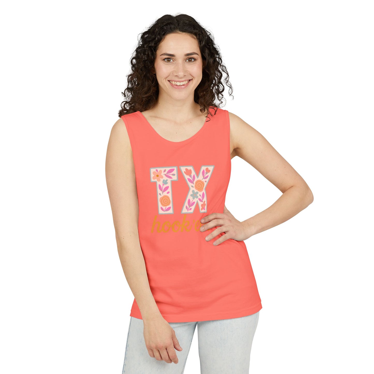 Texas Floral Hook 'Em Unisex Tank Top, Summer Vibe, Casual Wear, College Gear, Gift for Graduates, Texas Pride Apparel, Comfort Colors, Graduation Gift