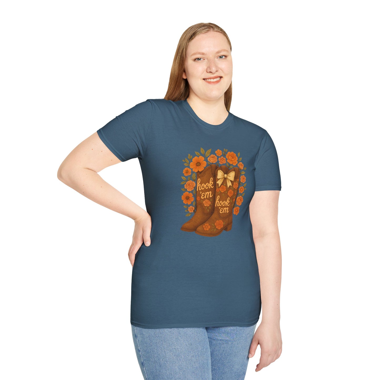 Tx Hook Em Floral Cowboy Boot T-Shirt, Hook 'Em Tee, Autumn Apparel, Country Style, Gift for Her, tx longhorns, texas fan gift, hook em horns, graduation gift, college student gift