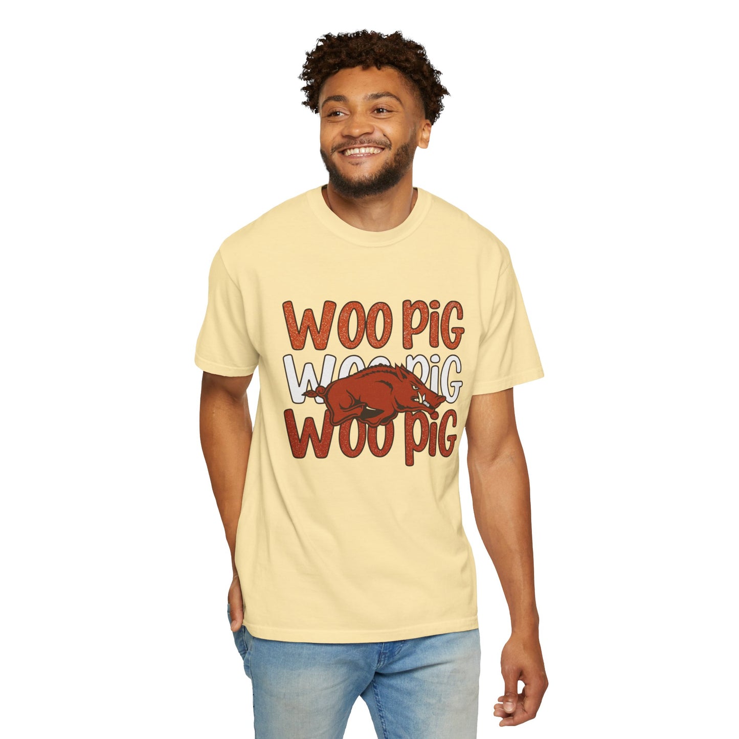 Woo Pig Garment-Dyed T-Shirt, Unisex Tee, Arkansas Pride Shirt, Casual Everyday Wear, College Game Day Tee, Fun Graphic Tee