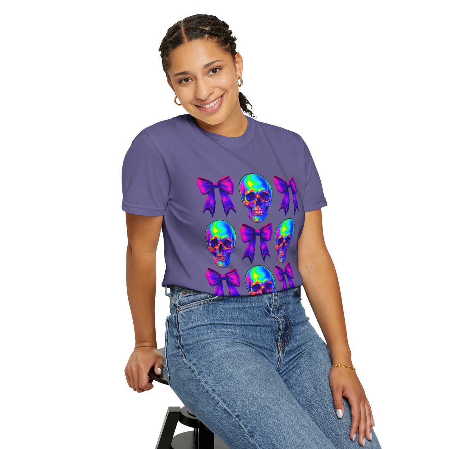 Neon Skull and Bow Unisex T-Shirt | Trendy Graphic Tee for Halloween, Festivals, Casual Wear, Gifts