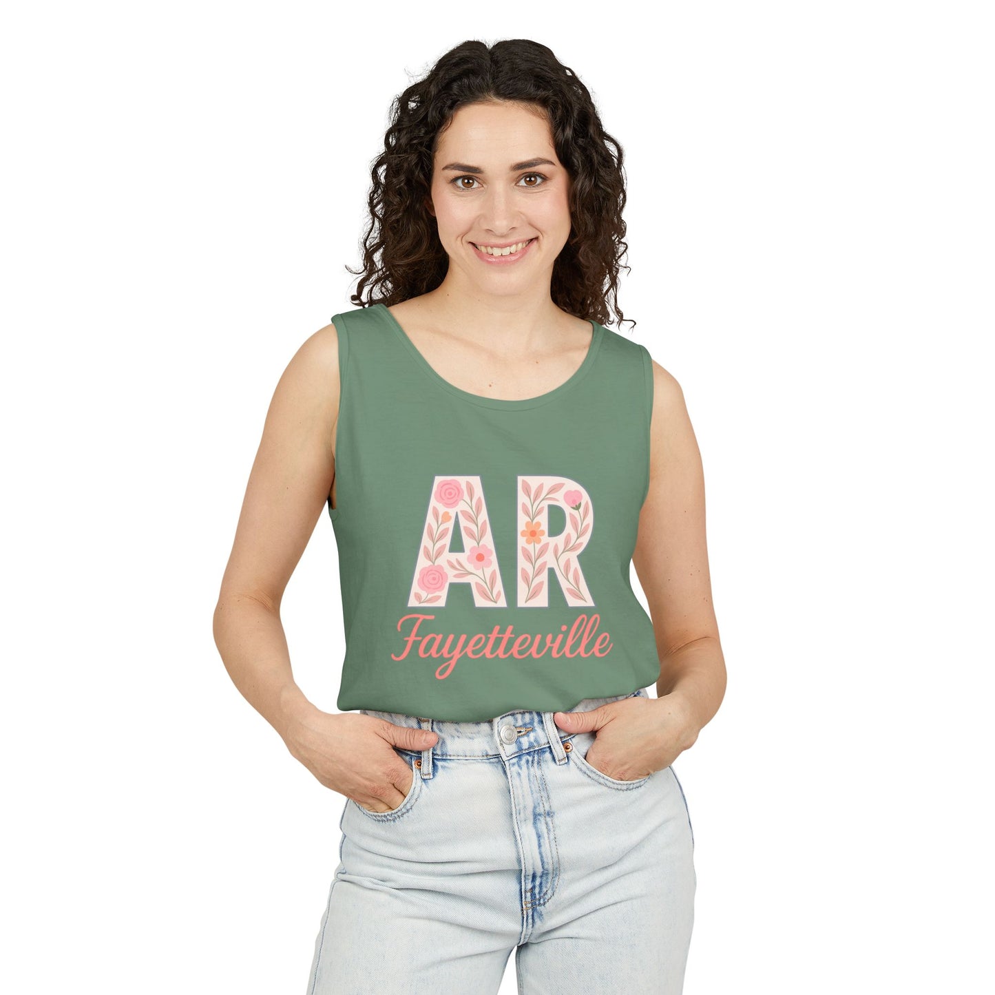 Fayetteville Floral Tank Top, Casual Summer Top, Gift for Her, Travel Apparel, Arkansas Style, Arkansas Student Gift, Graduation Gift, Comfort Colors