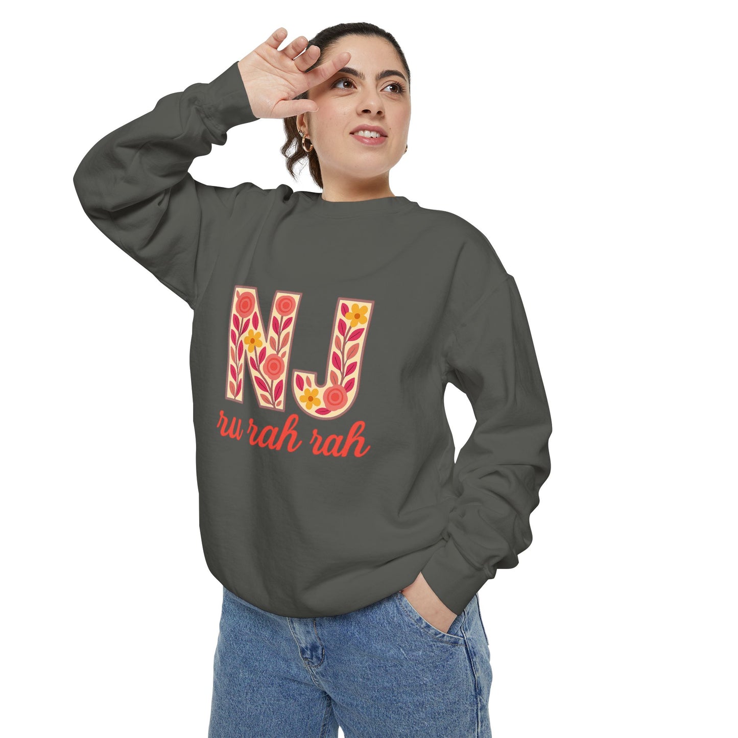 Cheerful NJ Garment-Dyed Sweatshirt, Cozy Unisex Pullover for School Spirit, Fall Fashion, Gift for College Students, Relaxed Fit