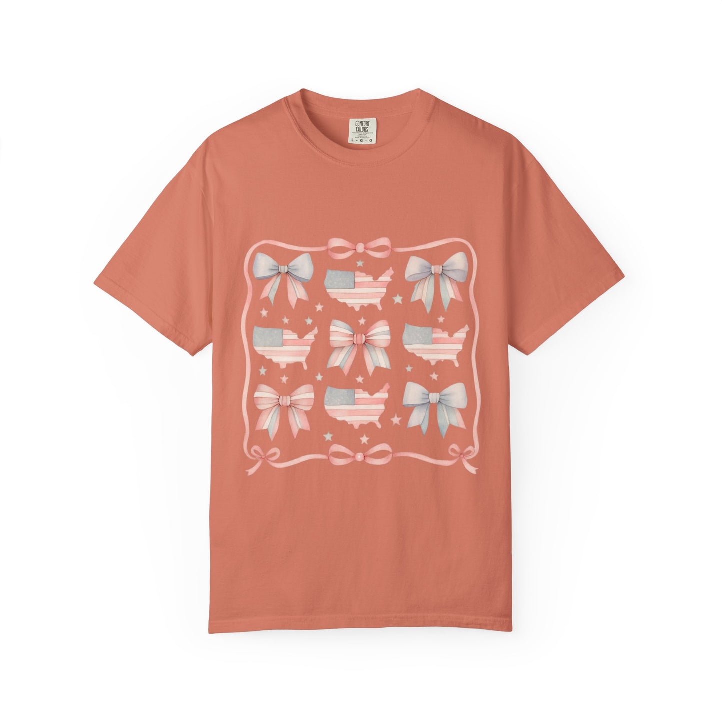 America Coquette Cute Bow Pattern Comfort Colors Unisex T-Shirt - 4th of July USA Celebration
