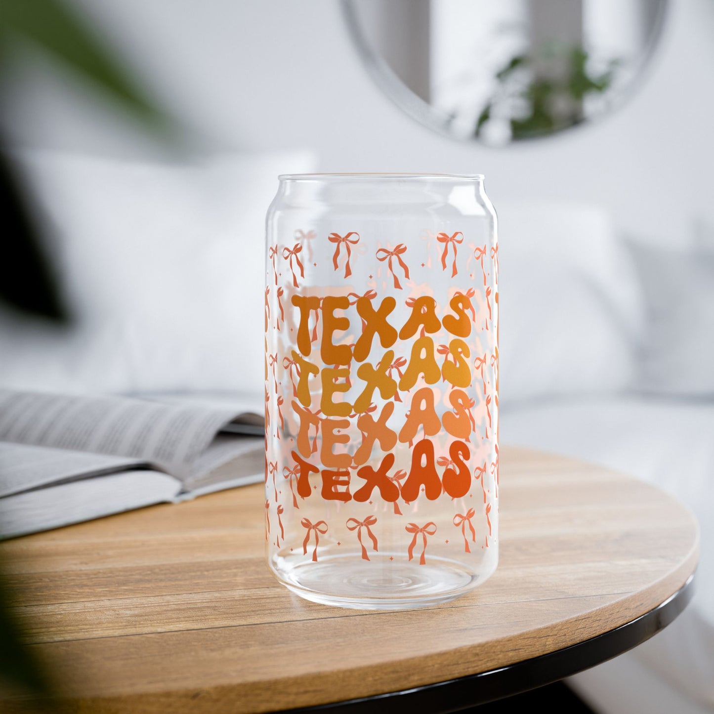 Coquette Bow Texas Sipper Glass, 16oz | Unique Glass Drinkware, Personalized Gift, Summer Party Essential, Texan Pride Mug, Longhorns, Graduation Gift