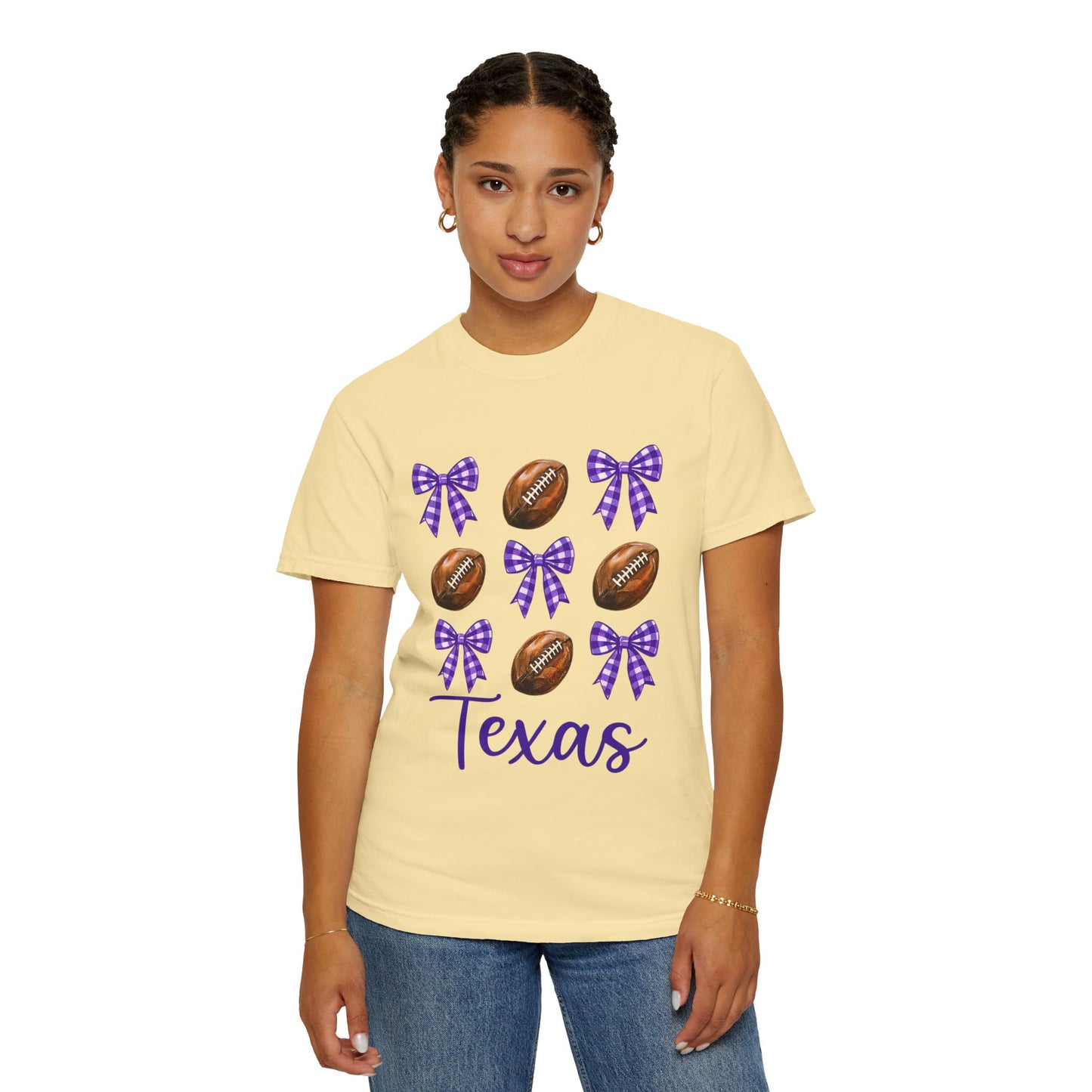 Texas Football Unisex T-Shirt with Purple Bows - Game Day Sports Apparel for Horned Frogs Fans