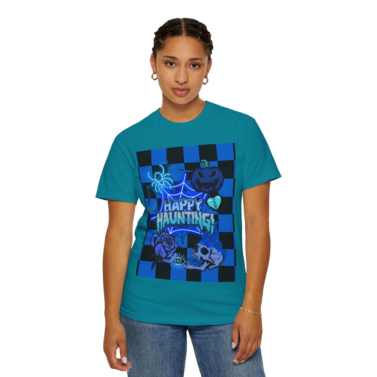 Happy Haunting Unisex Garment-Dyed T-shirt, Halloween Tee, Spooky Shirt, Fall Fashion, Casual Wear, Pumpkin Fest