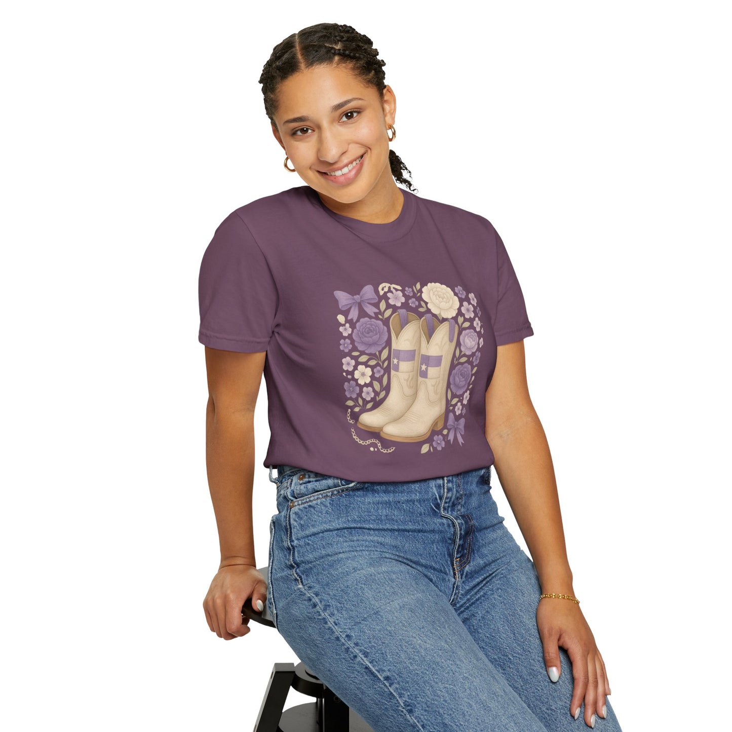 Whimsical Floral Boots Unisex T-Shirt | Casual Style, Gift for Her, Texas Christian University, TCU Frogs, Comfort Colors, Texas Fan gift, Graduation Gift