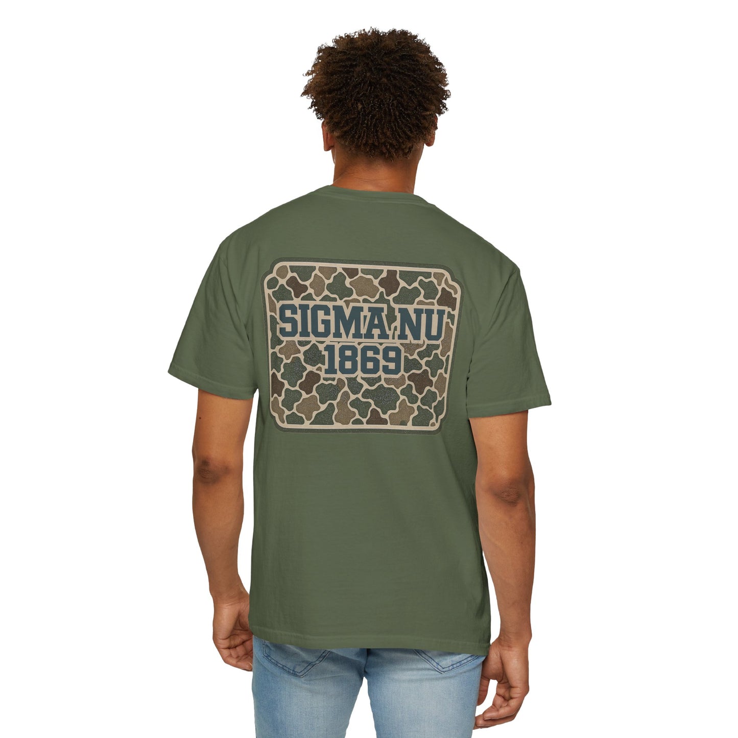 SigmaNu Camouflage T-Shirt | Unisex Garment-Dyed Tee for Greek Life | Ideal for Fraternity Events, Casual Wear, Gifts, Game Days