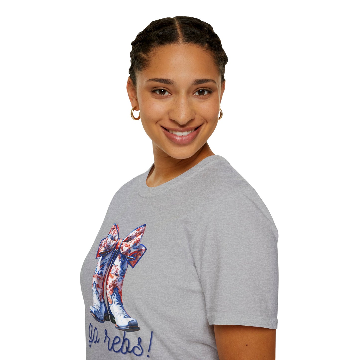 , go Rebs Cheerful Unisex Softstyle T-Shirt with Bow Design | Gift for Sports Fans, Casual Wear, Team Spirit, Game Day Shirt, Cheerleading Top