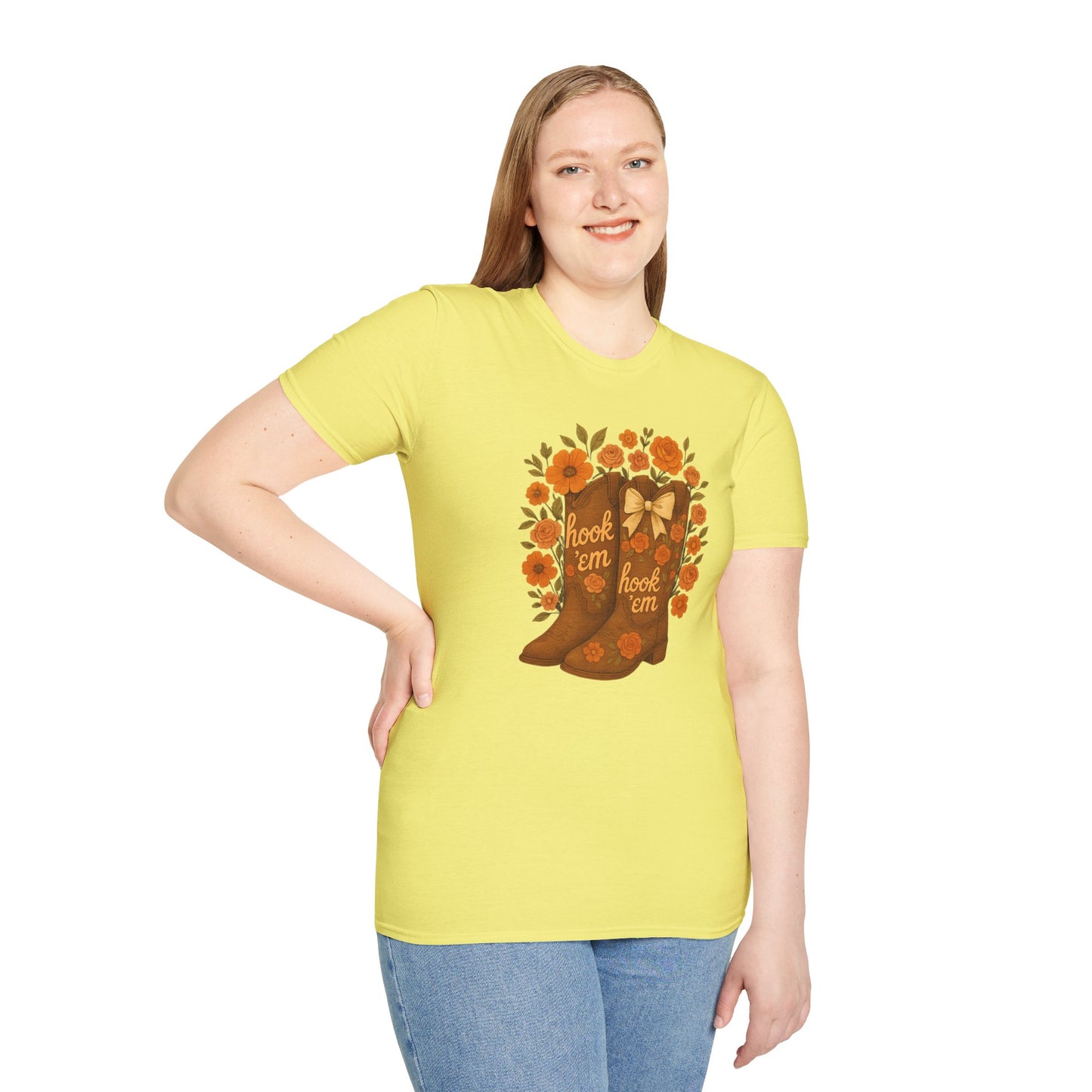 Tx Hook Em Floral Cowboy Boot T-Shirt, Hook 'Em Tee, Autumn Apparel, Country Style, Gift for Her, tx longhorns, texas fan gift, hook em horns, graduation gift, college student gift