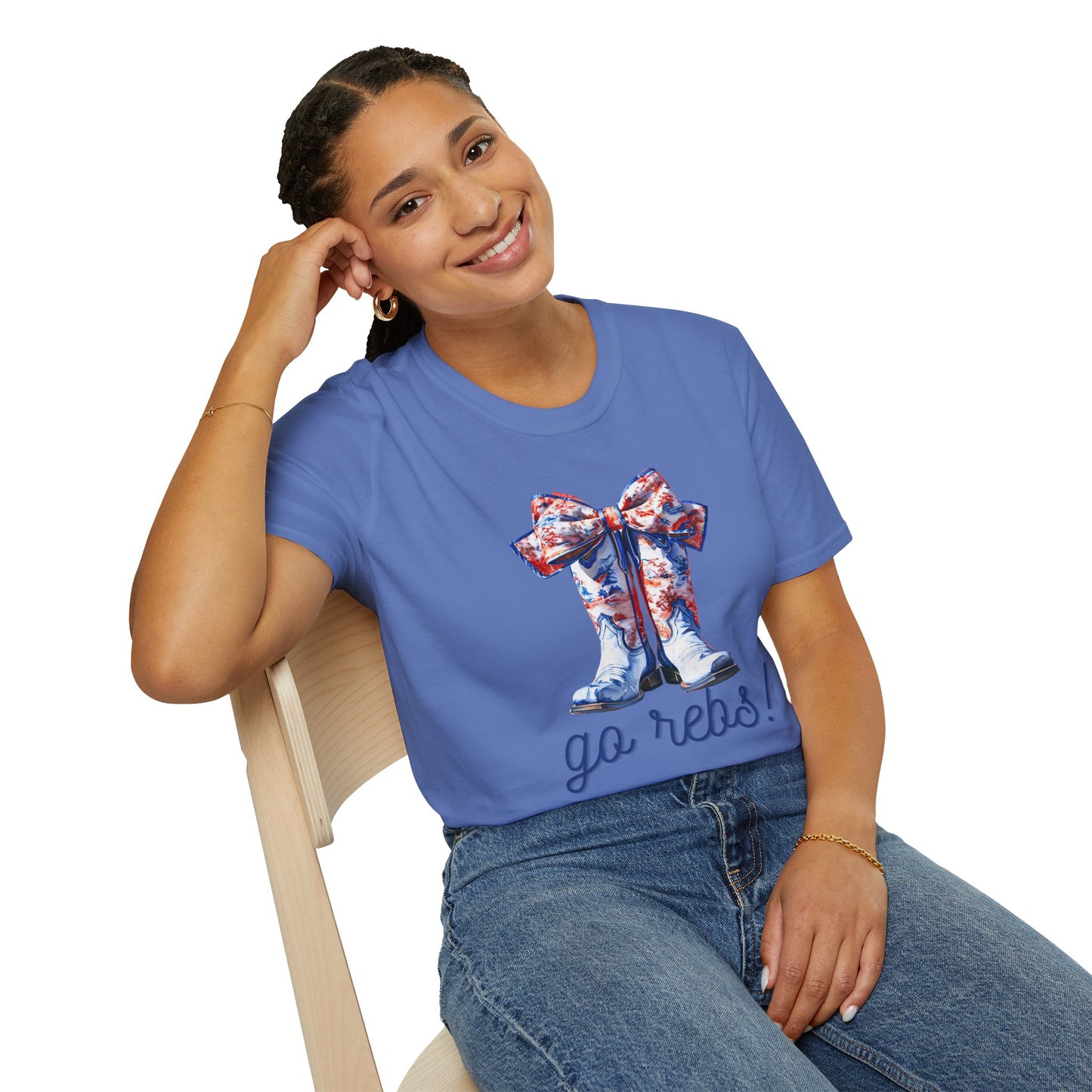 , go Rebs Cheerful Unisex Softstyle T-Shirt with Bow Design | Gift for Sports Fans, Casual Wear, Team Spirit, Game Day Shirt, Cheerleading Top