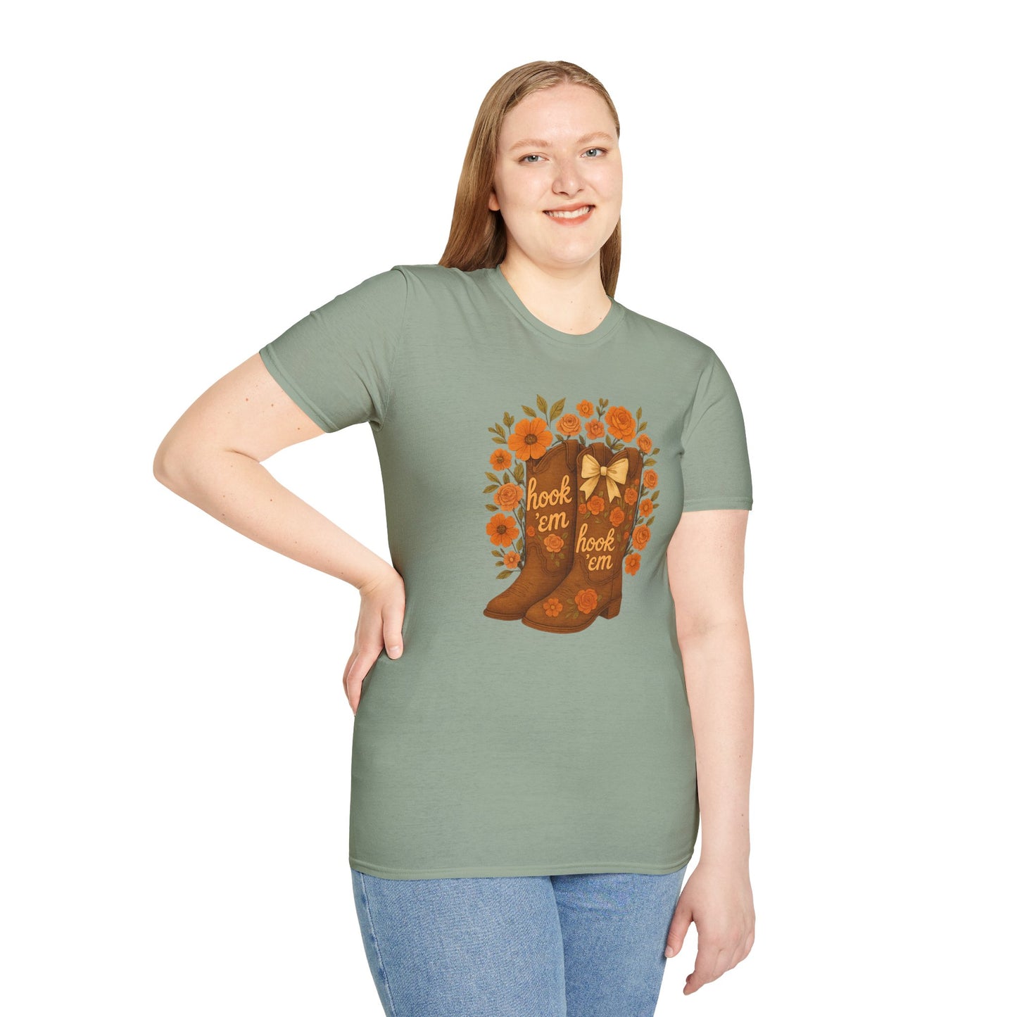 Tx Hook Em Floral Cowboy Boot T-Shirt, Hook 'Em Tee, Autumn Apparel, Country Style, Gift for Her, tx longhorns, texas fan gift, hook em horns, graduation gift, college student gift