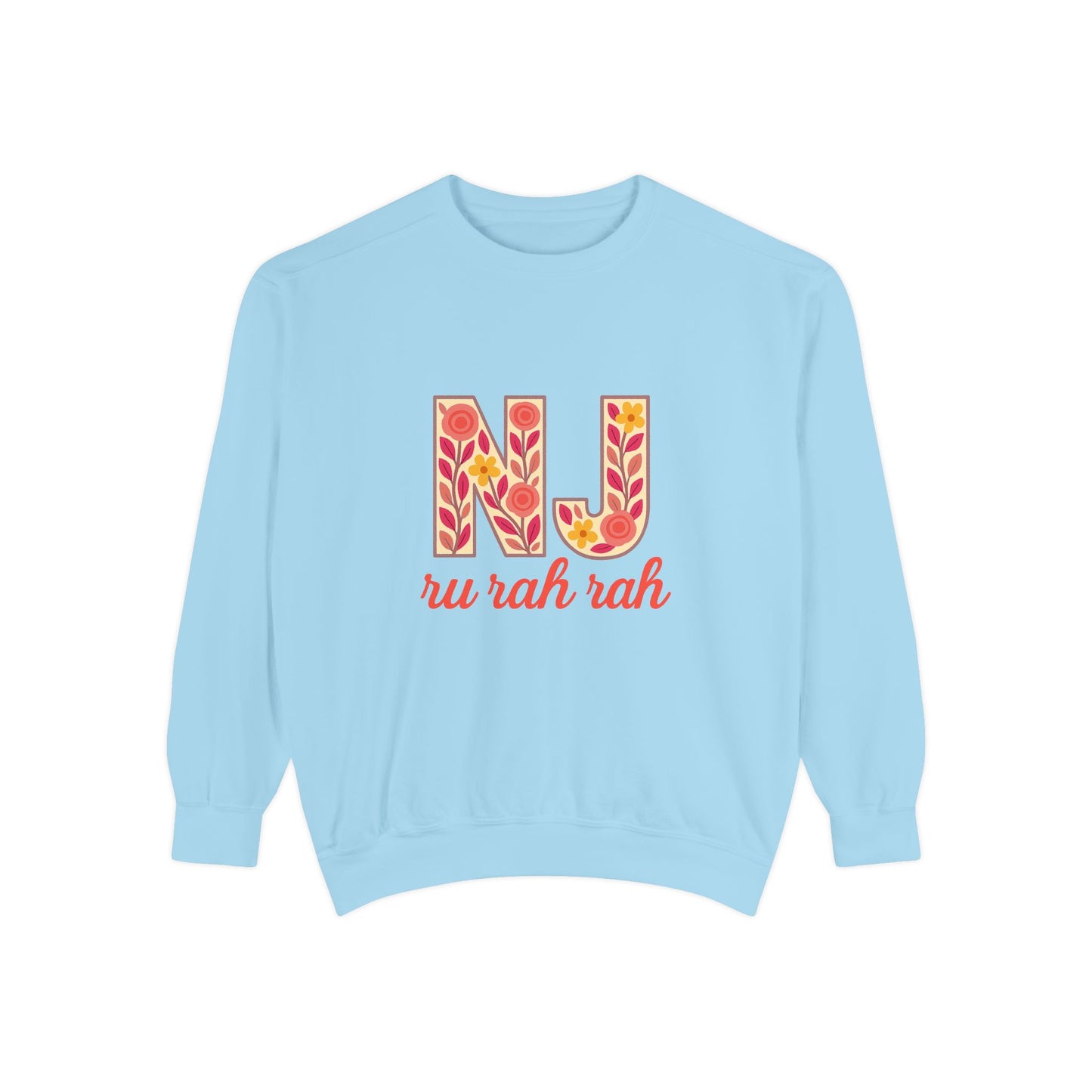 Cheerful NJ Garment-Dyed Sweatshirt, Cozy Unisex Pullover for School Spirit, Fall Fashion, Gift for College Students, Relaxed Fit