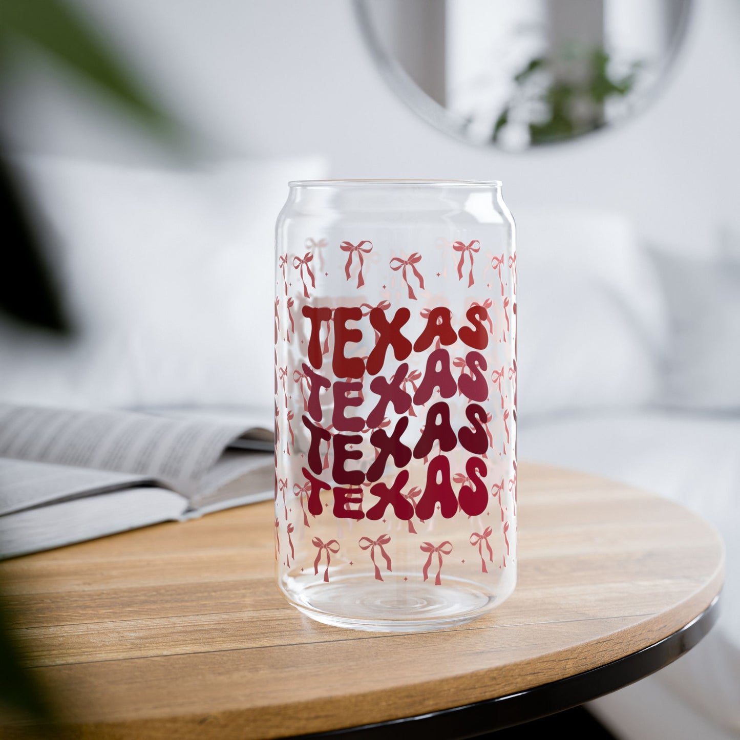 Coquette Bow Texas Sipper Glass, 16oz Travel Mug, Gift for Texans, Summer Hydration, Aggies Game Day, Eco-Friendly Drinkware, Graduation Gift