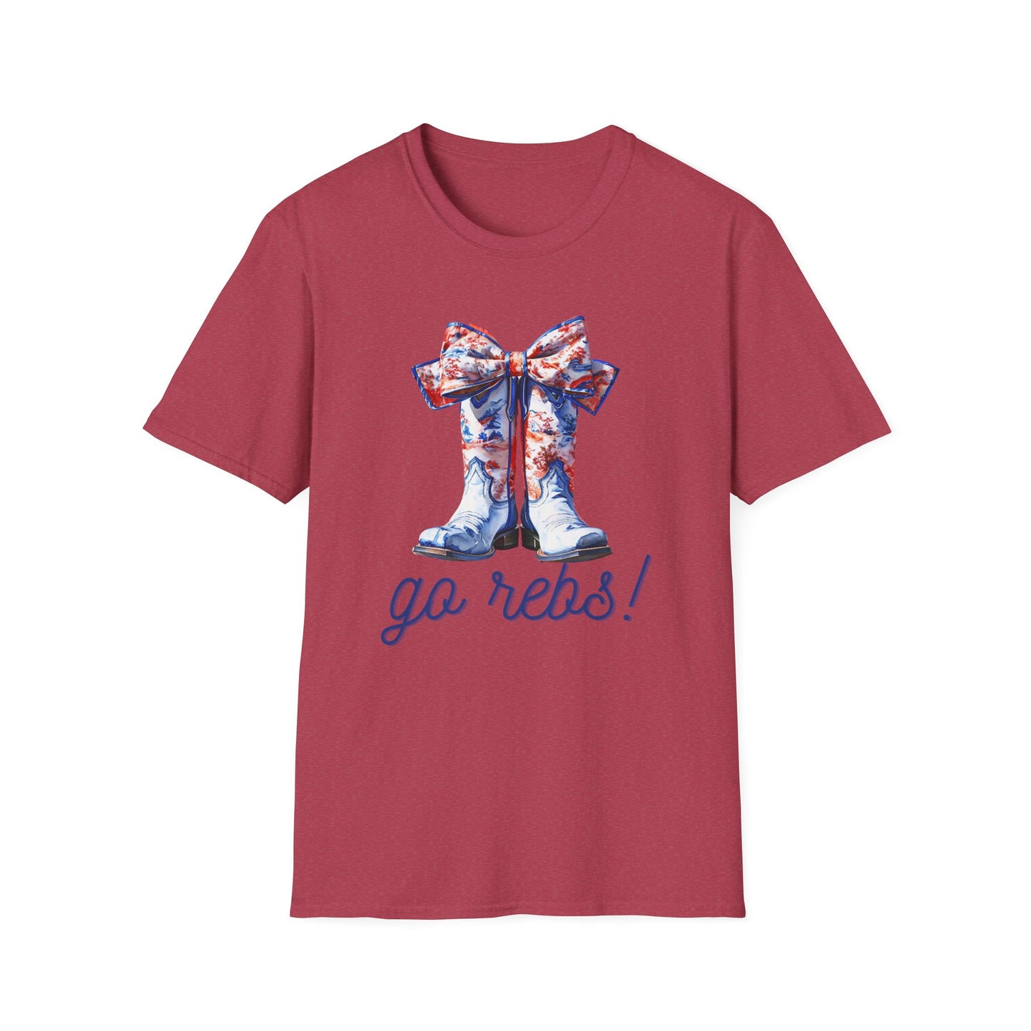 , go Rebs Cheerful Unisex Softstyle T-Shirt with Bow Design | Gift for Sports Fans, Casual Wear, Team Spirit, Game Day Shirt, Cheerleading Top