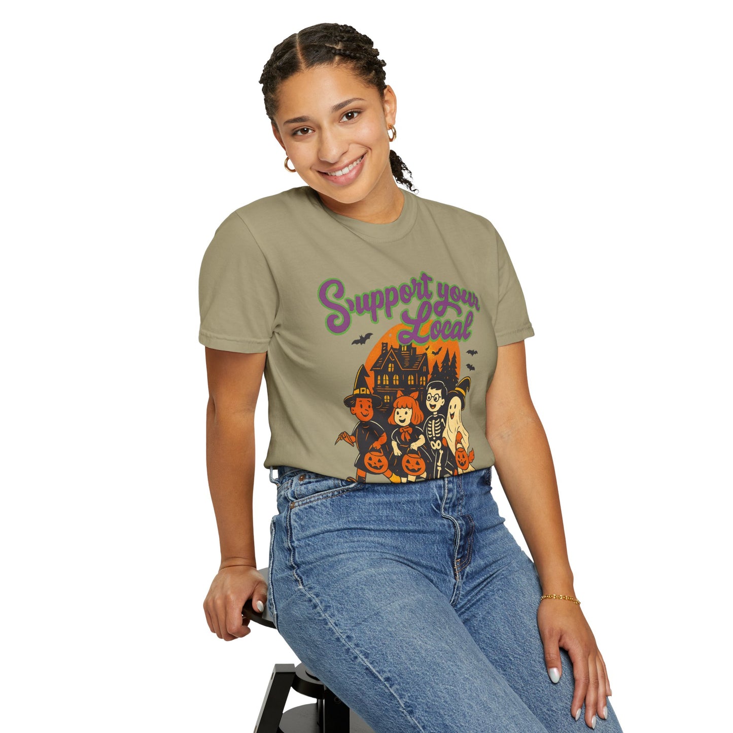 Halloween Support T-Shirt, Youth Trick or Treat Shirt, Garment-Dyed Tee for Kids, Spooky Season Apparel, Holiday Party Top, Fun Costume Wear
