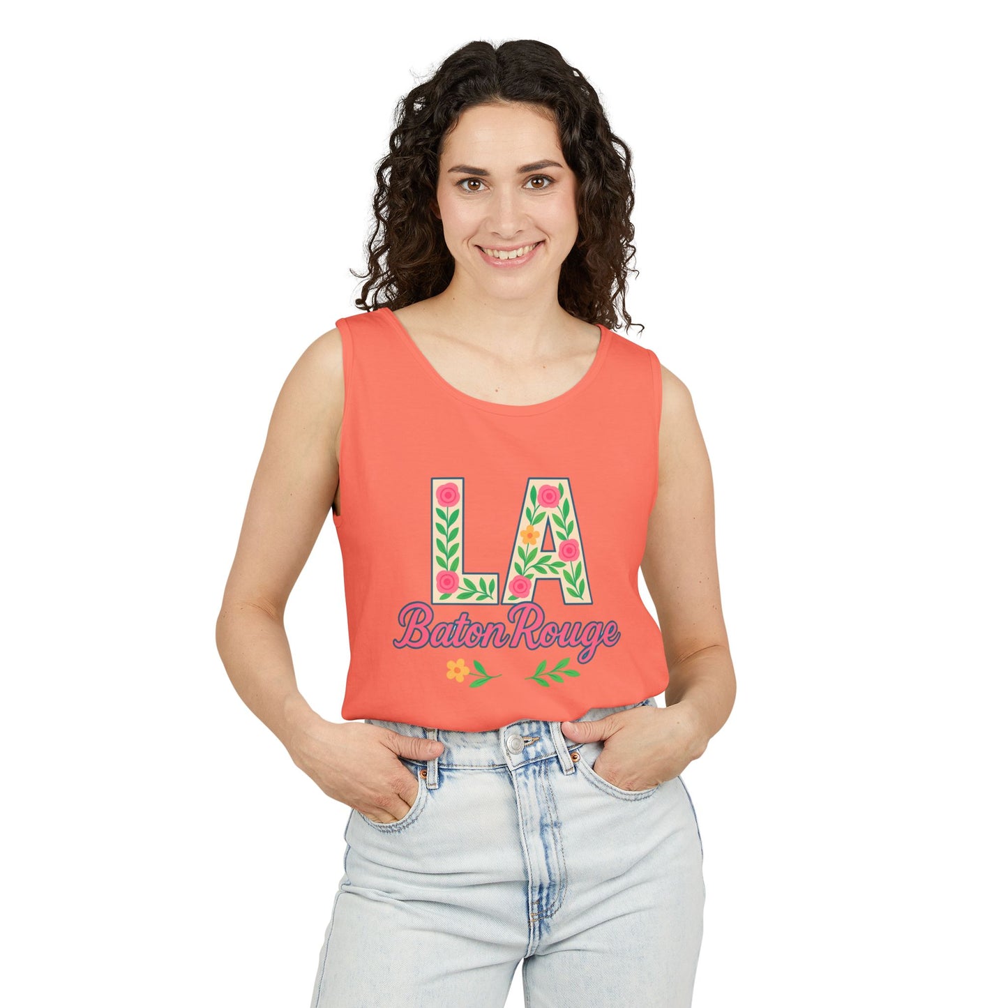 LA Baton Rouge Floral Tank Top, Summer Vibes, Unisex Apparel, Gift for Friends, Vacation Outfit, Spring/Summer Wear, Comfort Colors, Graduation Gift