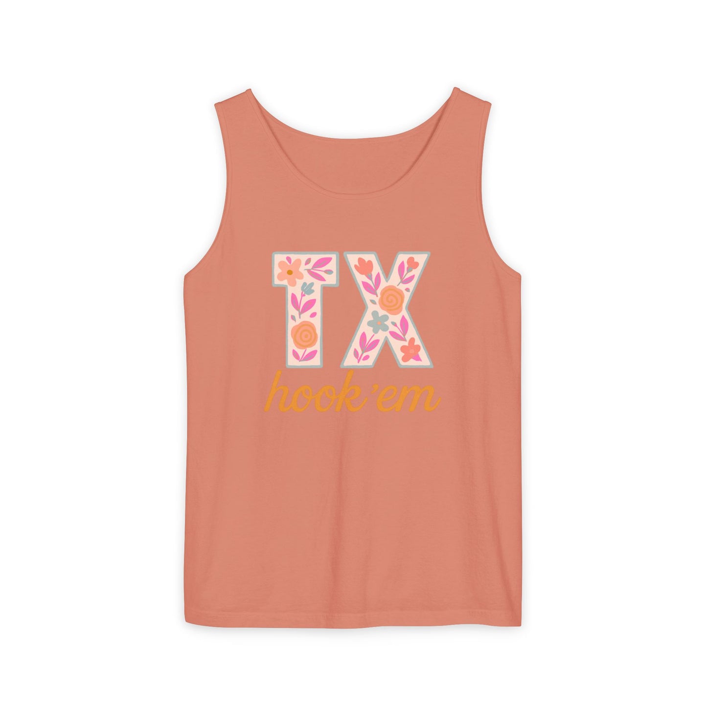 Texas Floral Hook 'Em Unisex Tank Top, Summer Vibe, Casual Wear, College Gear, Gift for Graduates, Texas Pride Apparel, Comfort Colors, Graduation Gift