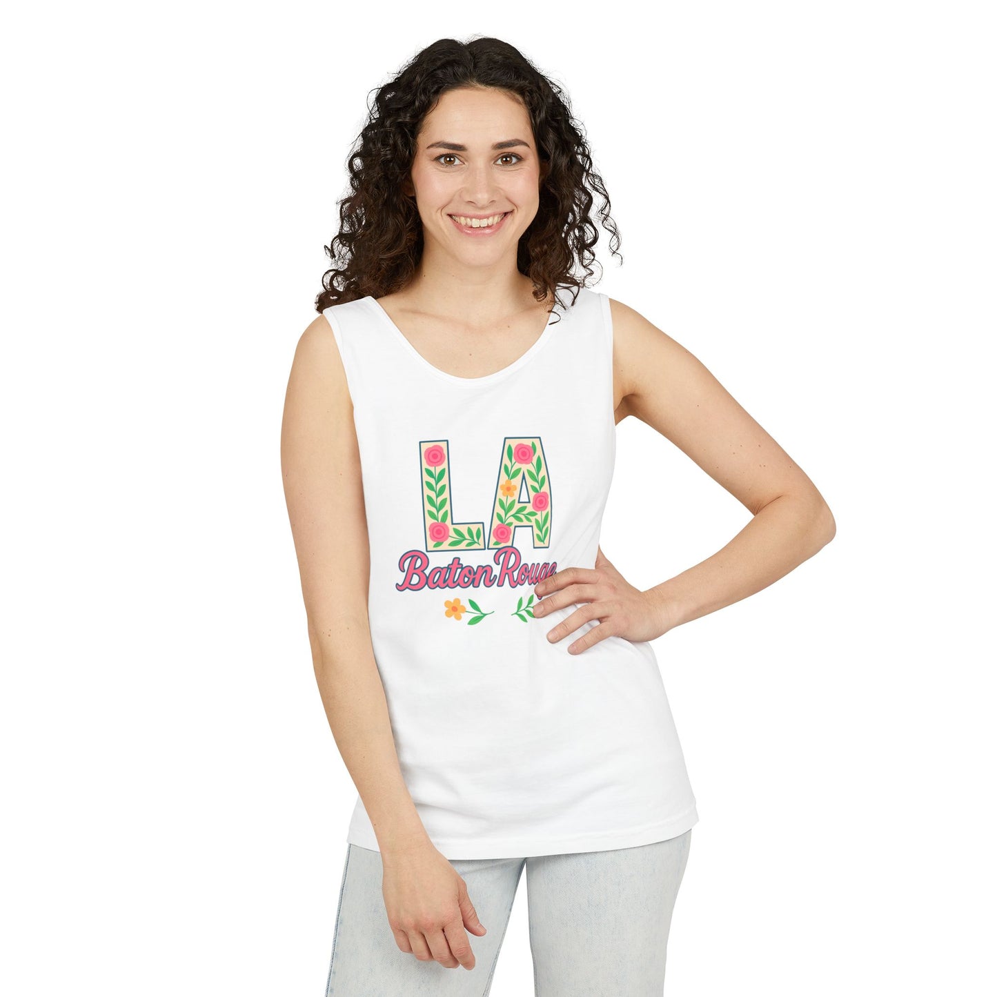 LA Baton Rouge Floral Tank Top, Summer Vibes, Unisex Apparel, Gift for Friends, Vacation Outfit, Spring/Summer Wear, Comfort Colors, Graduation Gift