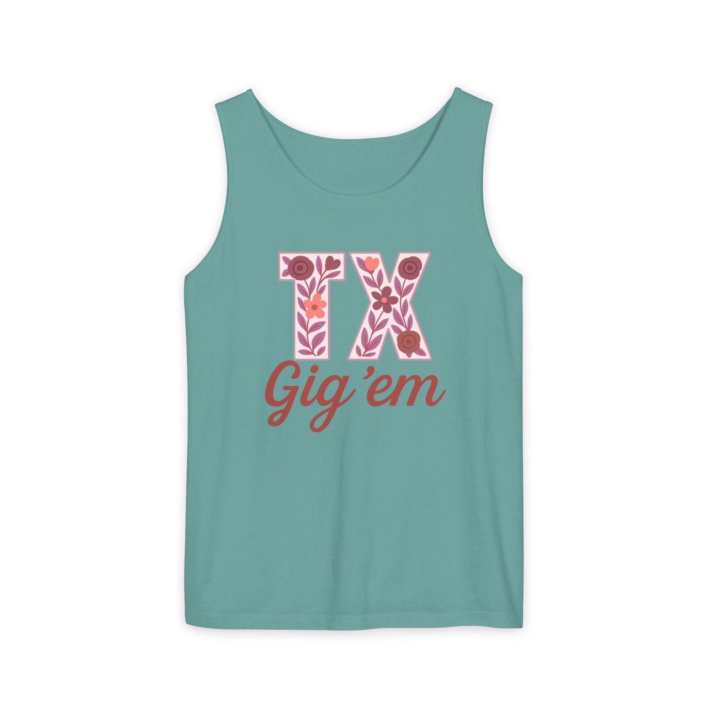 Texas Gig 'Em Tank Top, Unisex Summer Apparel, Cute Floral Design, Perfect for College Fans, Gifts, Comfort Colors, Graduation Gift