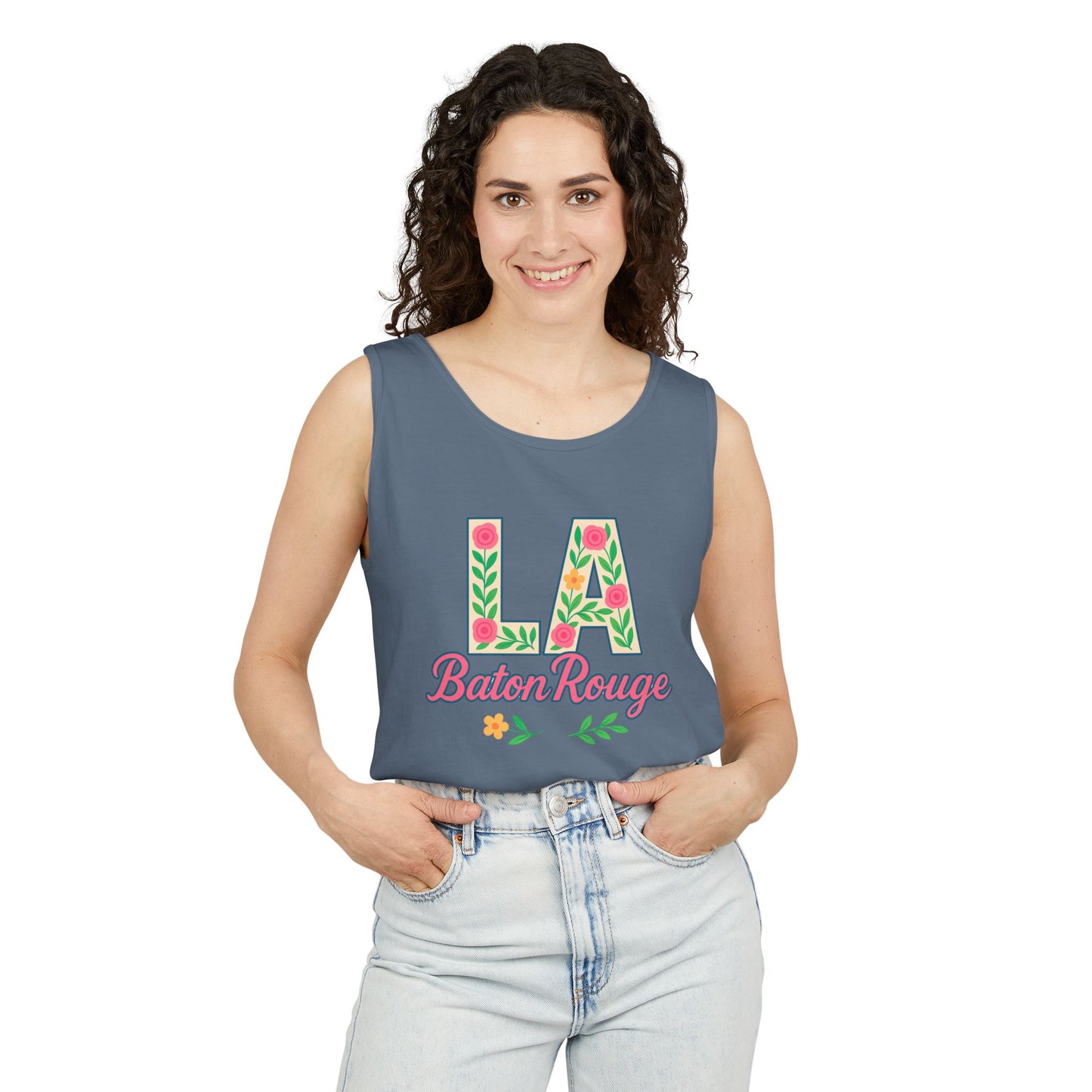 LA Baton Rouge Floral Tank Top, Summer Vibes, Unisex Apparel, Gift for Friends, Vacation Outfit, Spring/Summer Wear, Comfort Colors, Graduation Gift