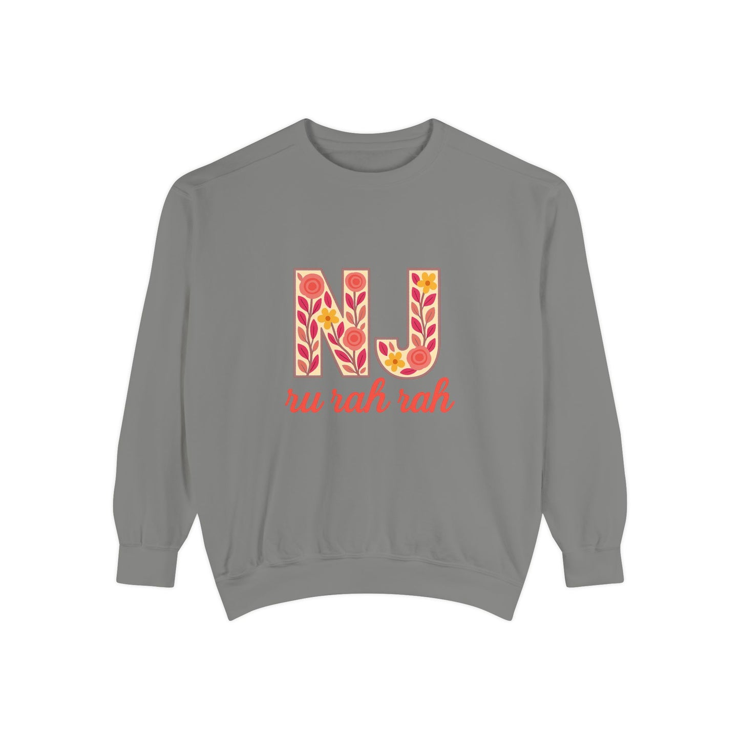 Cheerful NJ Garment-Dyed Sweatshirt, Cozy Unisex Pullover for School Spirit, Fall Fashion, Gift for College Students, Relaxed Fit