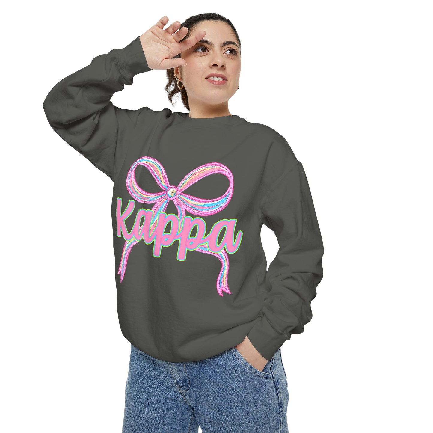 Kappa Bow Sweatshirt, Unisex Garment-Dyed Sweatshirt, Cozy Fashion, Fall Wardrobe, College Spirit, Gift Idea, Trendy Apparel