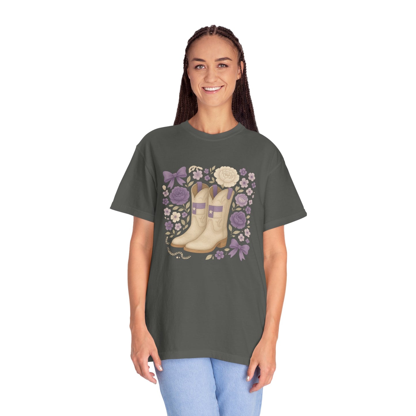 Whimsical Floral Boots Unisex T-Shirt | Casual Style, Gift for Her, Texas Christian University, TCU Frogs, Comfort Colors, Texas Fan gift, Graduation Gift