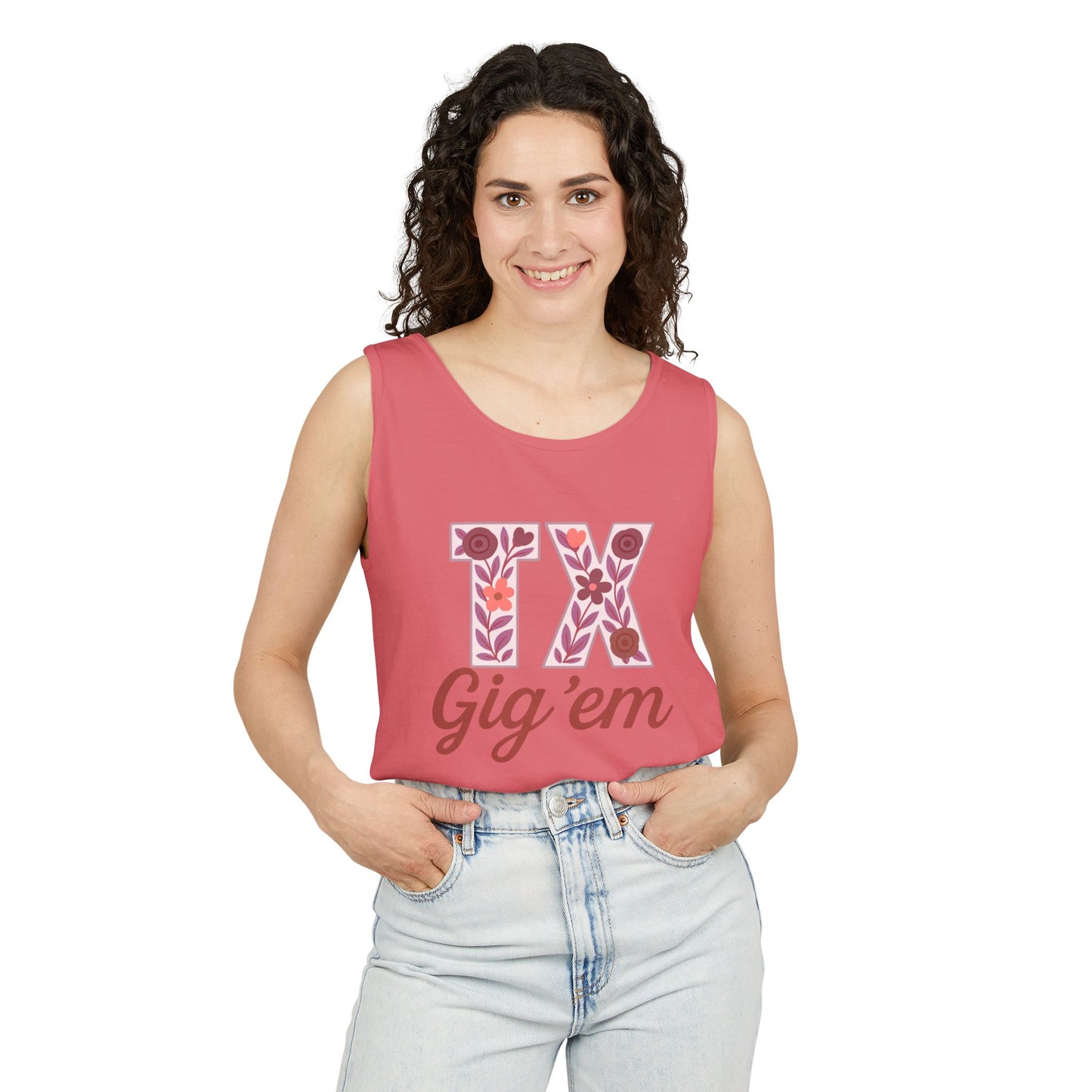 Texas Gig 'Em Tank Top, Unisex Summer Apparel, Cute Floral Design, Perfect for College Fans, Gifts, Comfort Colors, Graduation Gift