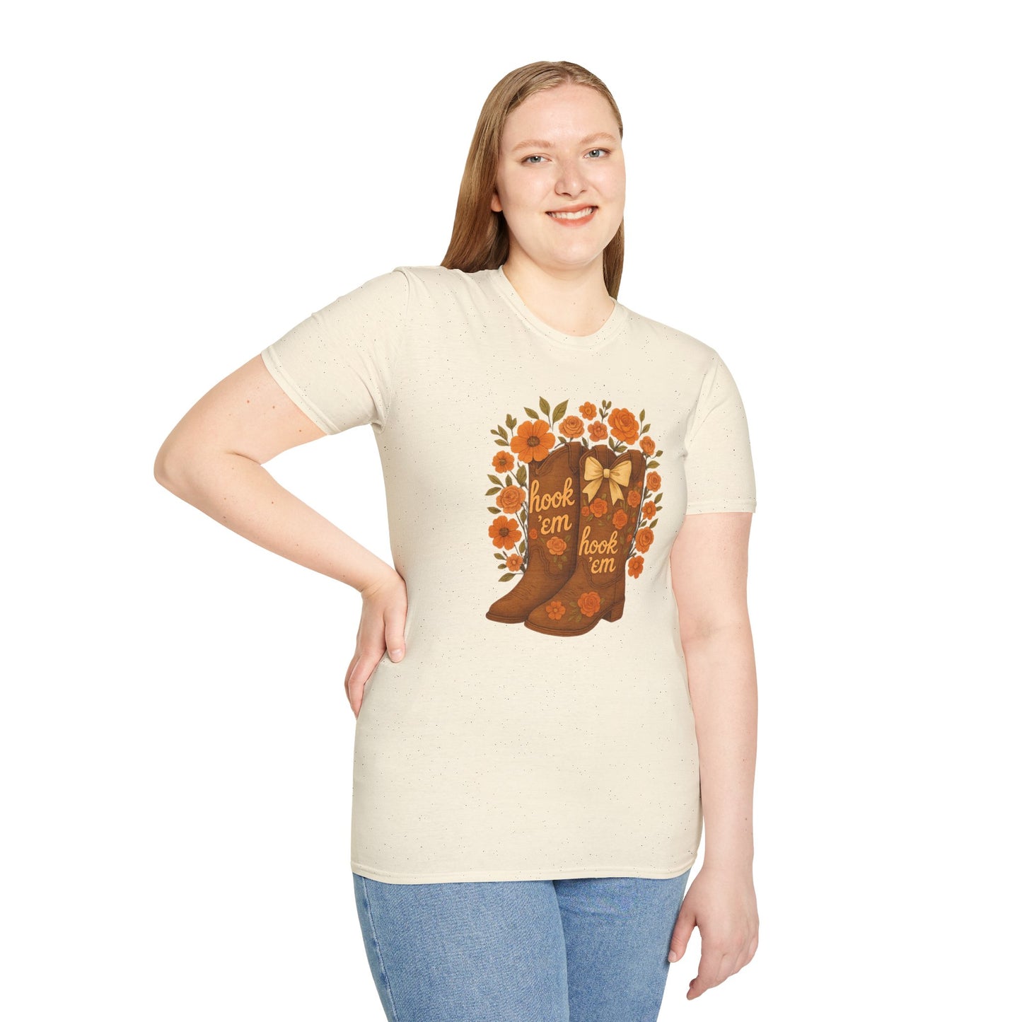 Tx Hook Em Floral Cowboy Boot T-Shirt, Hook 'Em Tee, Autumn Apparel, Country Style, Gift for Her, tx longhorns, texas fan gift, hook em horns, graduation gift, college student gift