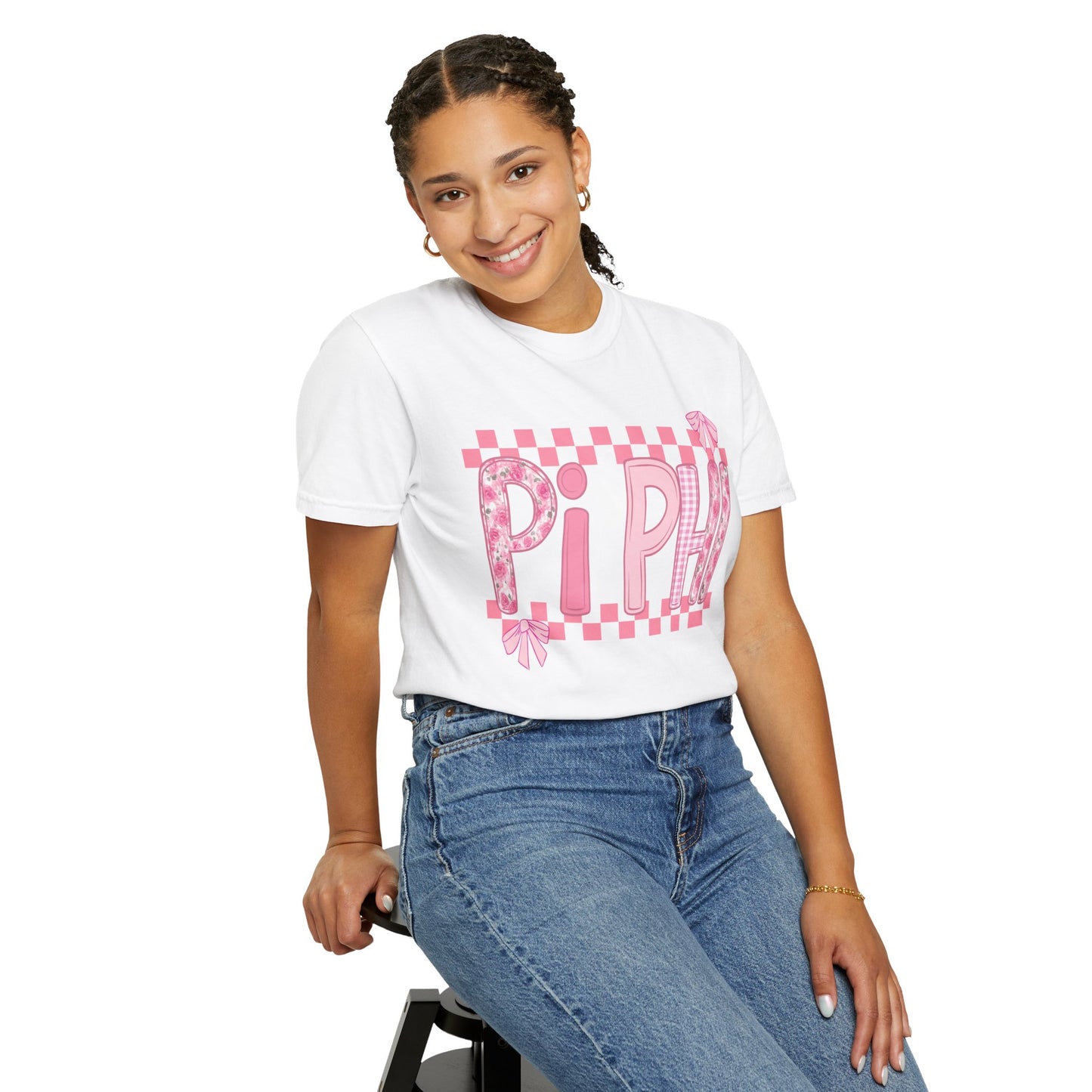 Cute Garment-Dyed T-Shirt for Sorority Sisters, Pi -Checked Style, Perfect for Casual Outings, Sorority Events, Gifts
