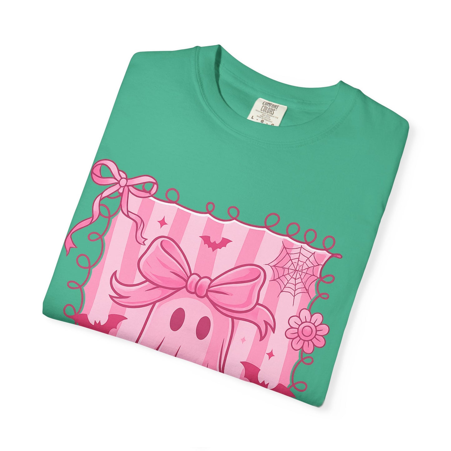 Cute Pink Ghost Graphic T-Shirt, Pink Halloween Tee, Unisex Garment-Dyed Top, Spooky Style for Fall, Trick or Treat Fashion
