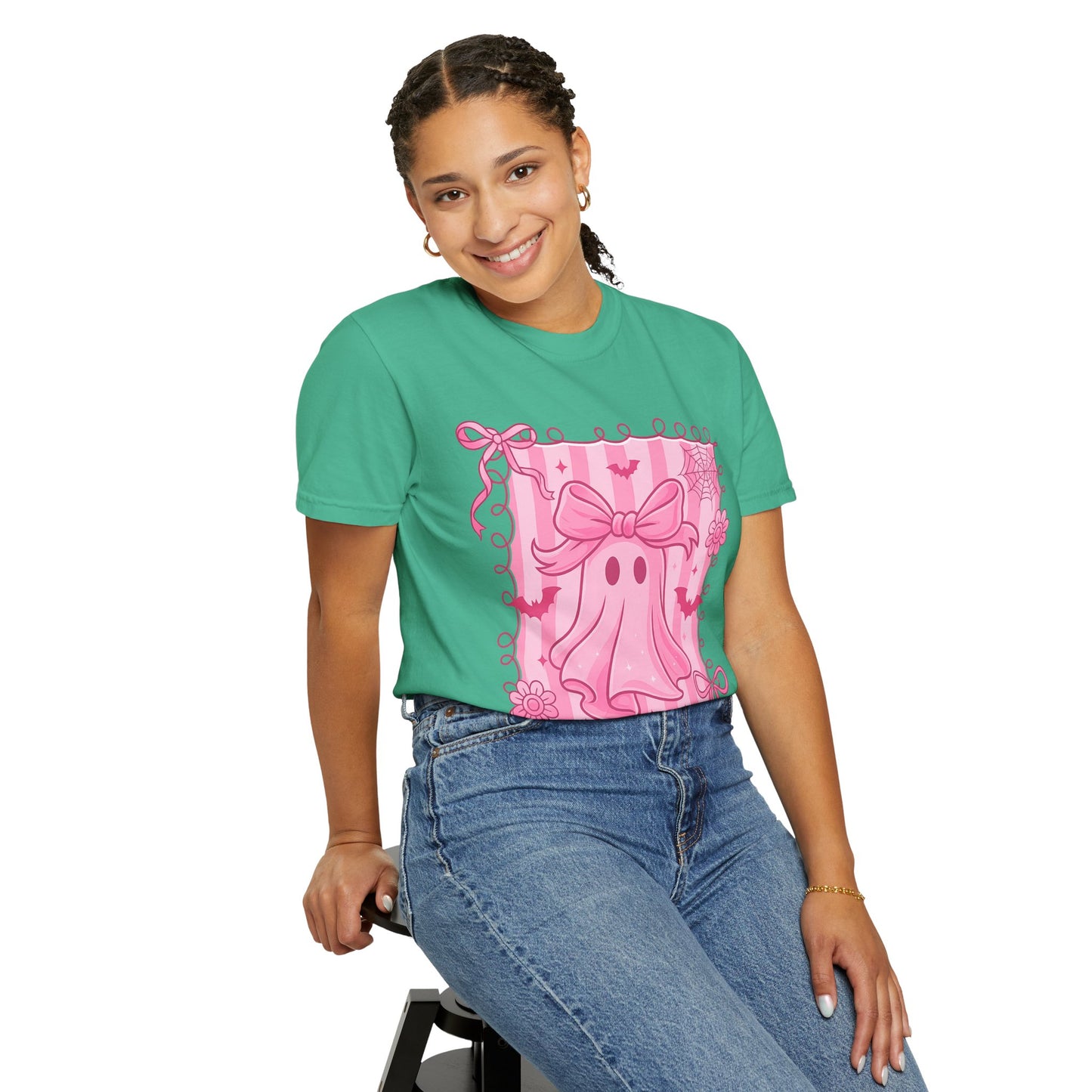 Cute Pink Ghost Graphic T-Shirt, Pink Halloween Tee, Unisex Garment-Dyed Top, Spooky Style for Fall, Trick or Treat Fashion