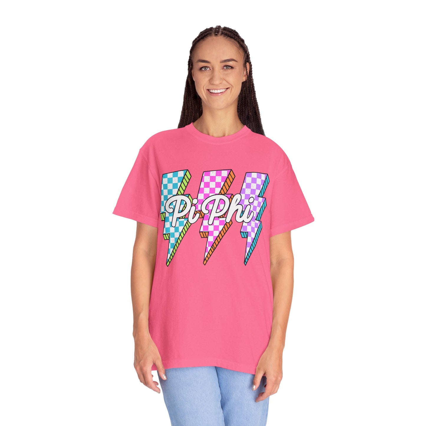 PB Phi Lightning Bolt Unisex T-shirt | Vibrant Greek Life Apparel, Unique Gift for Sorority Sisters, Casual Wear, Celebrating Sisterhood