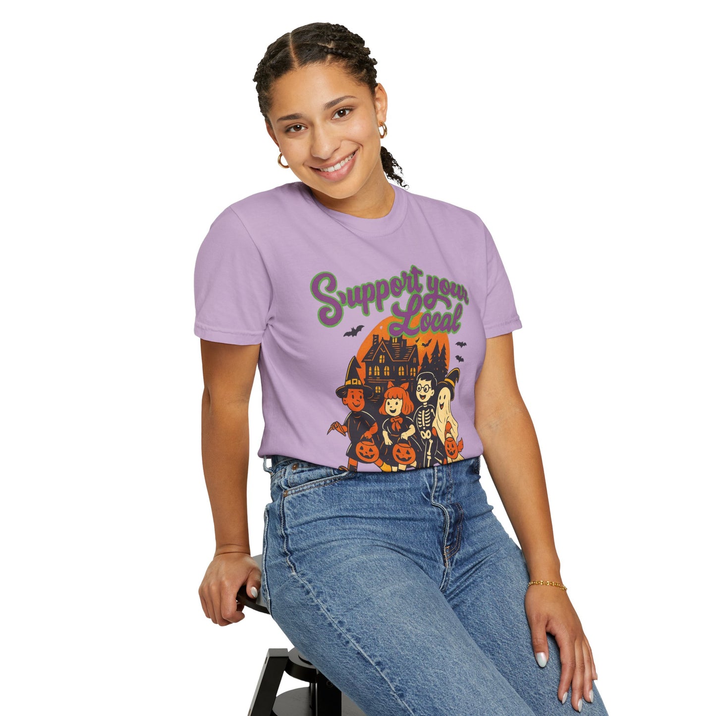 Halloween Support T-Shirt, Youth Trick or Treat Shirt, Garment-Dyed Tee for Kids, Spooky Season Apparel, Holiday Party Top, Fun Costume Wear