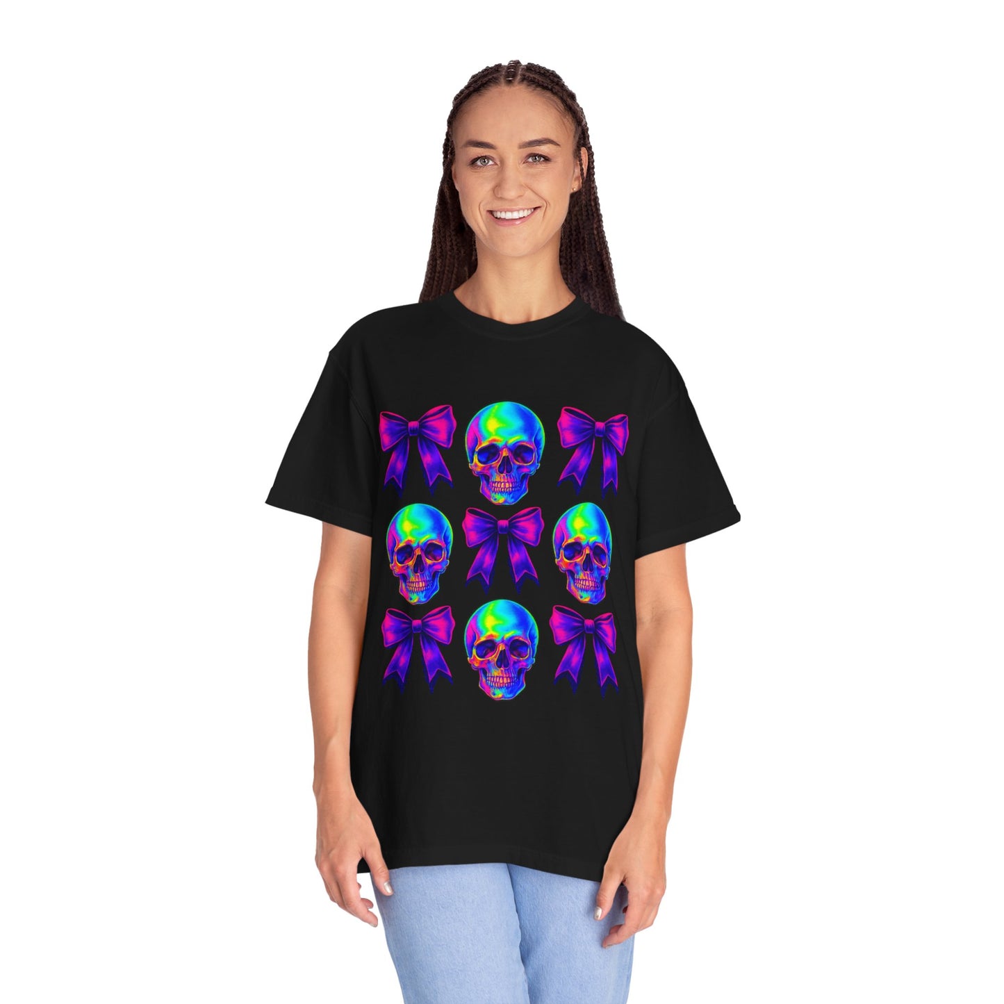 Neon Skull and Bow Unisex T-Shirt | Trendy Graphic Tee for Halloween, Festivals, Casual Wear, Gifts