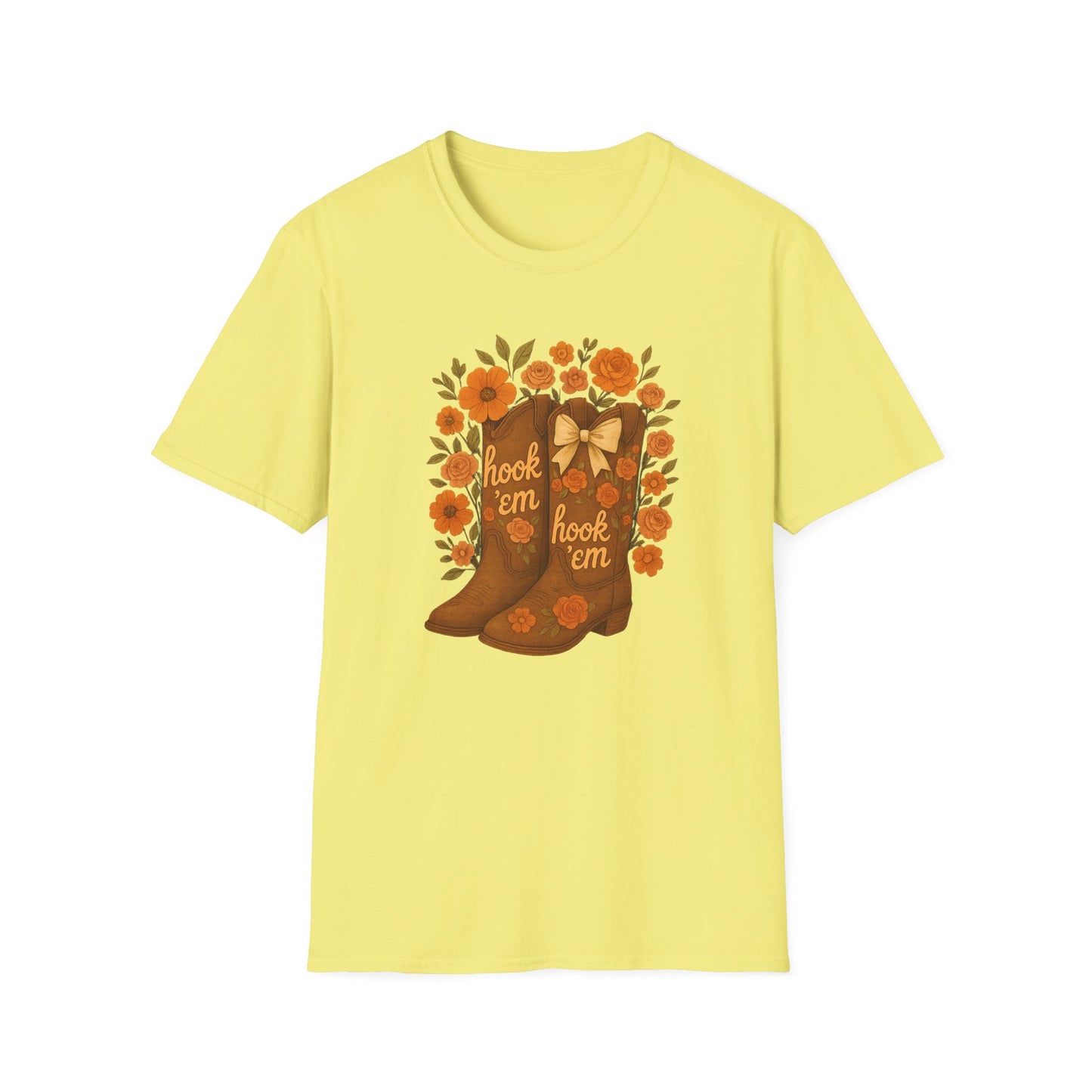 Tx Hook Em Floral Cowboy Boot T-Shirt, Hook 'Em Tee, Autumn Apparel, Country Style, Gift for Her, tx longhorns, texas fan gift, hook em horns, graduation gift, college student gift