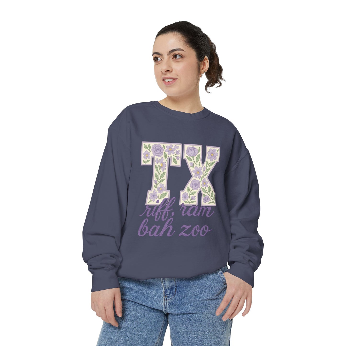 TCU Floral TX Sweatshirt - Unisex Garment-Dyed, Cozy Casual Wear, Texas Pride, Gift for Friends, College Apparel, Spring Outfits
