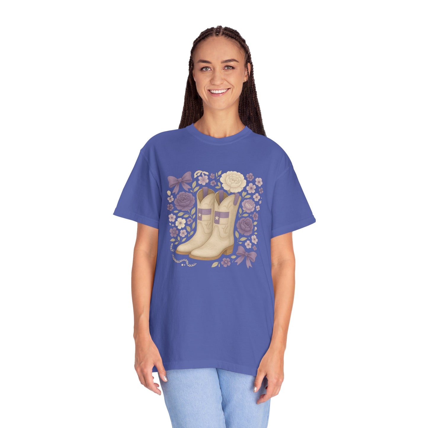 Whimsical Floral Boots Unisex T-Shirt | Casual Style, Gift for Her, Texas Christian University, TCU Frogs, Comfort Colors, Texas Fan gift, Graduation Gift