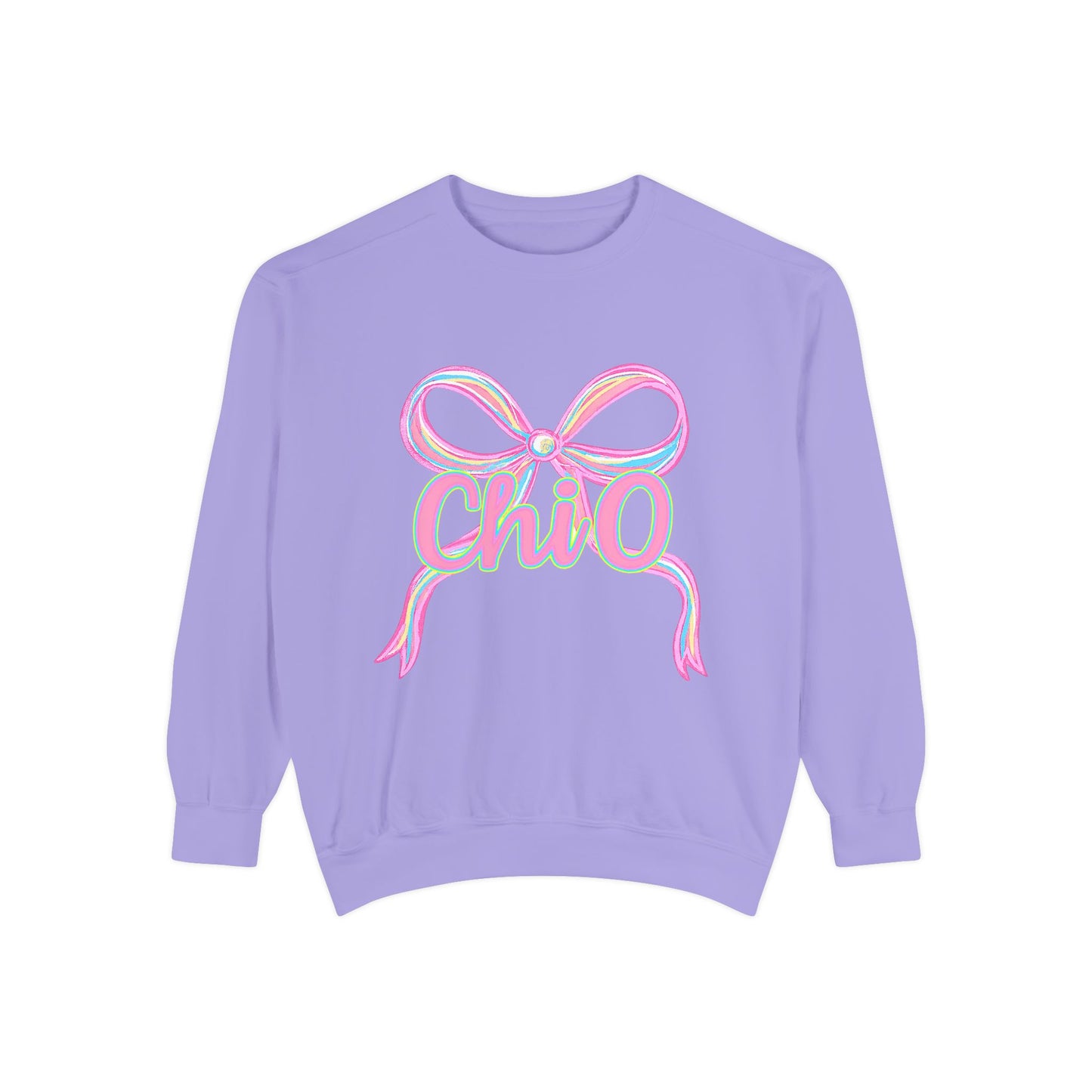 CHIO Chic Bow Graphic Unisex Garment-Dyed Sweatshirt, Cozy Pullover, Fashionable Gift, Casual Outfit, Spring Style, Trendy Apparel