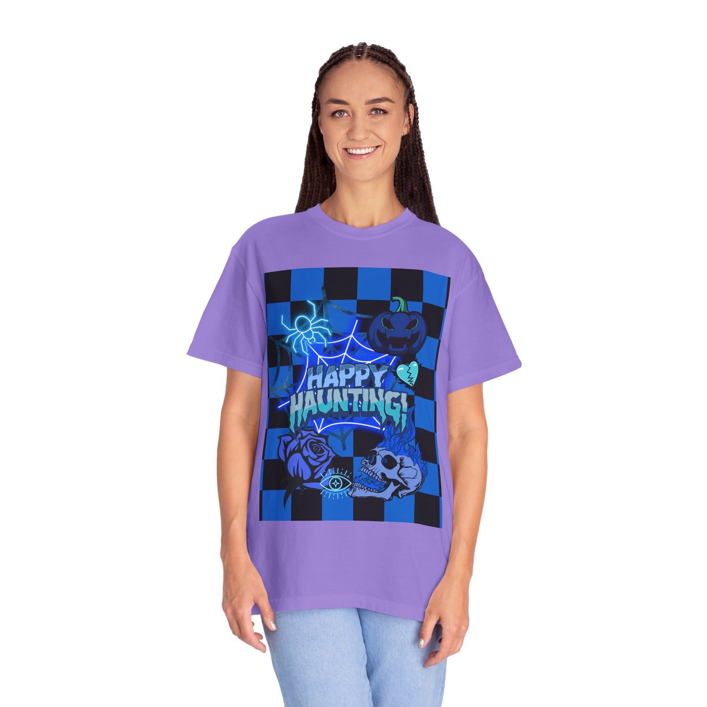 Happy Haunting Unisex Garment-Dyed T-shirt, Halloween Tee, Spooky Shirt, Fall Fashion, Casual Wear, Pumpkin Fest