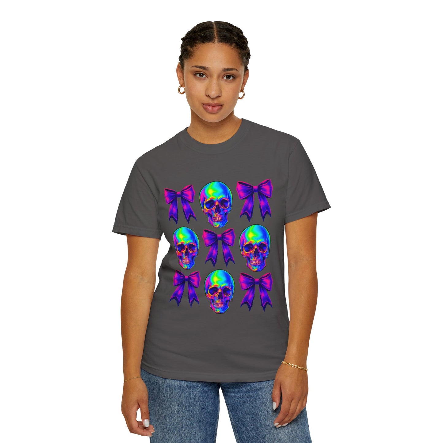 Neon Skull and Bow Unisex T-Shirt | Trendy Graphic Tee for Halloween, Festivals, Casual Wear, Gifts