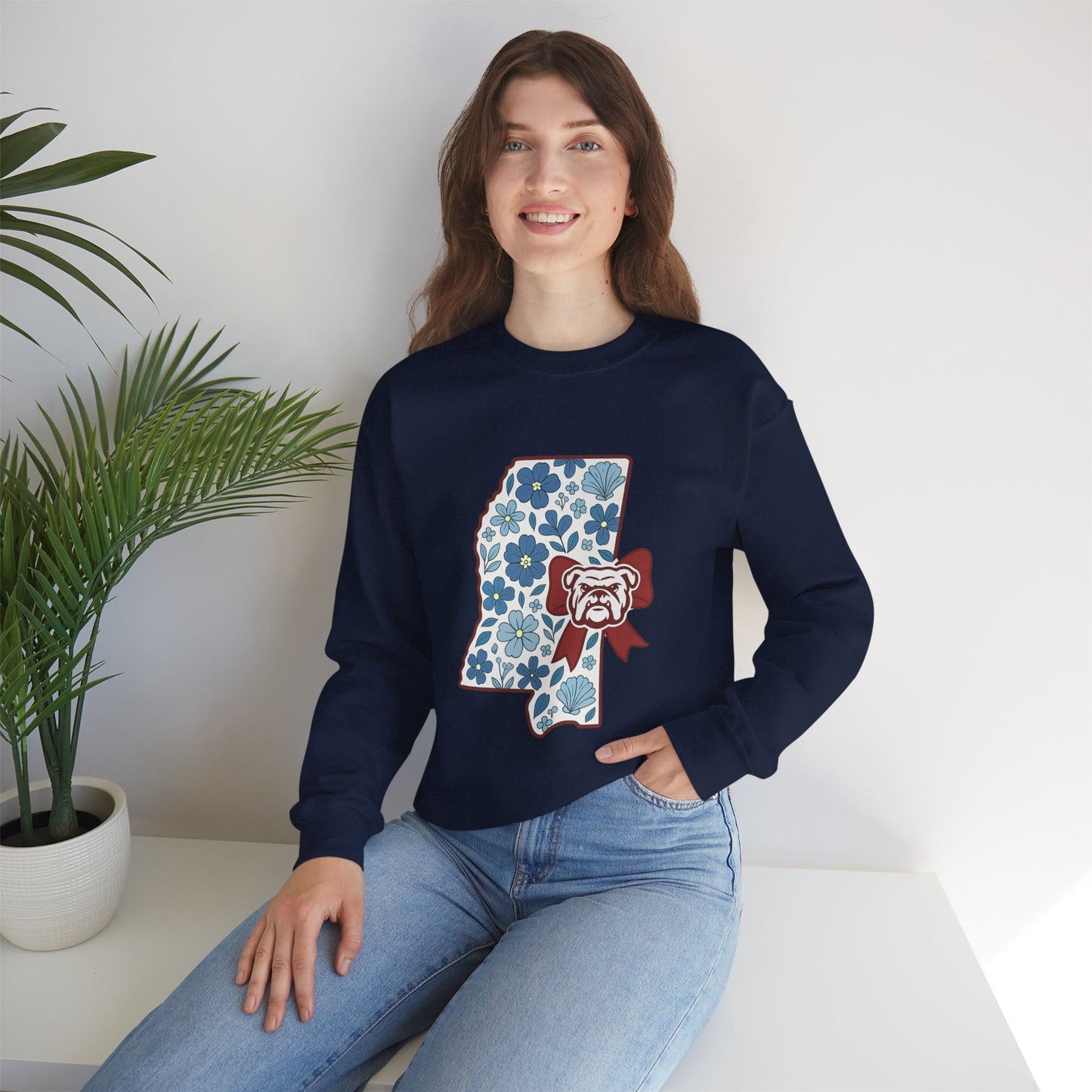 Mississippi Flower Bulldog Crewneck Sweatshirt, Cozy Sweatshirt for Fall, Gift for Dog Lovers, College Apparel, Casual Fashion