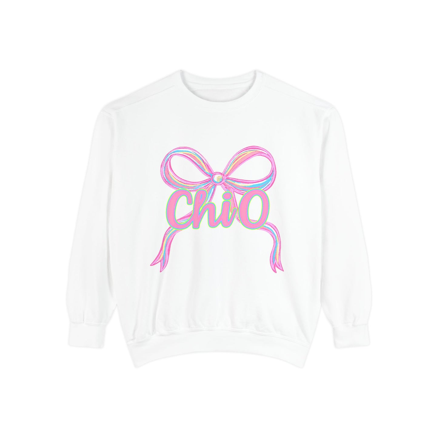 CHIO Chic Bow Graphic Unisex Garment-Dyed Sweatshirt, Cozy Pullover, Fashionable Gift, Casual Outfit, Spring Style, Trendy Apparel